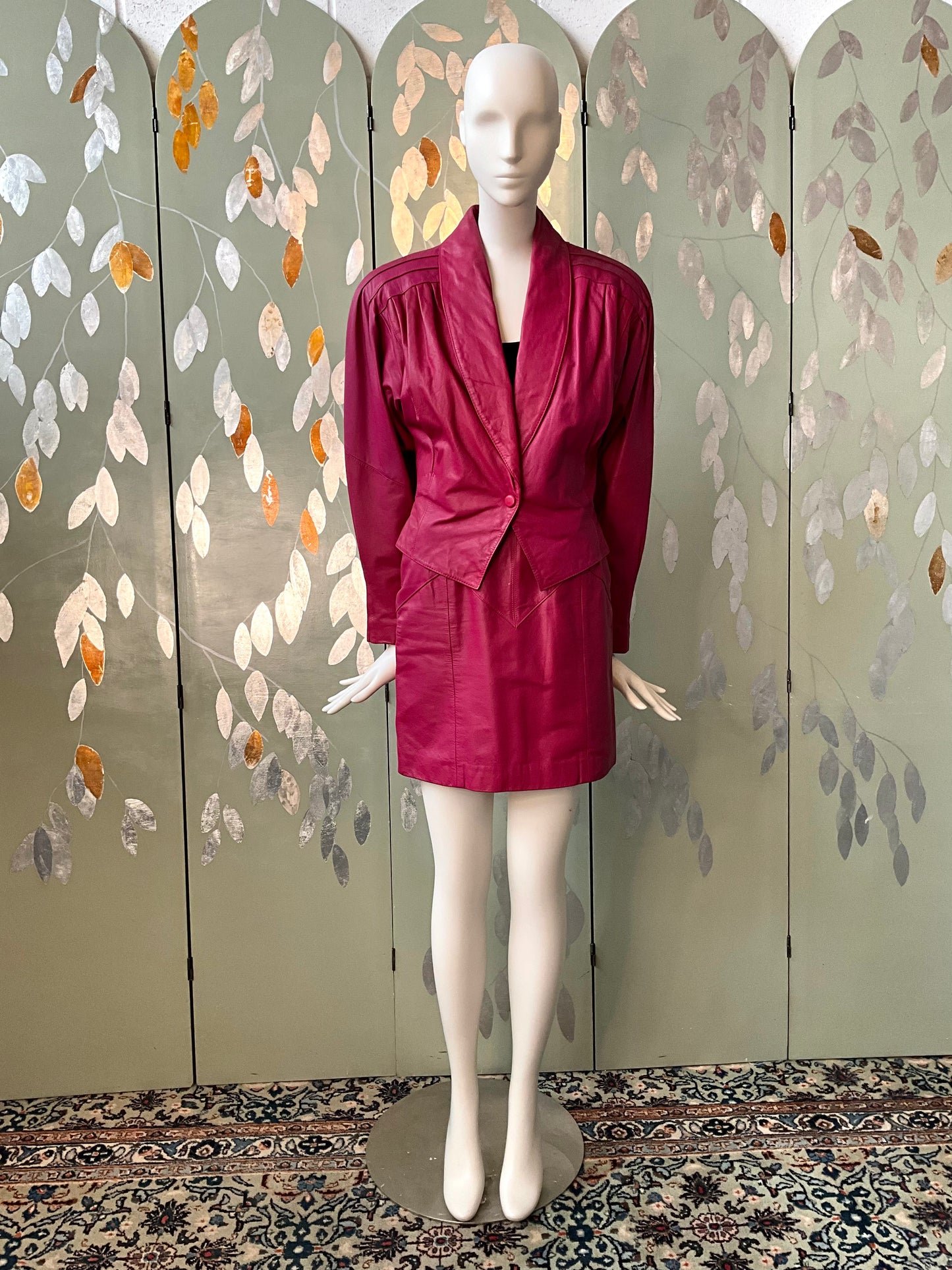 Vintage 1980s Hot Pink Leather Mini Skirt and Jacket Set, XS