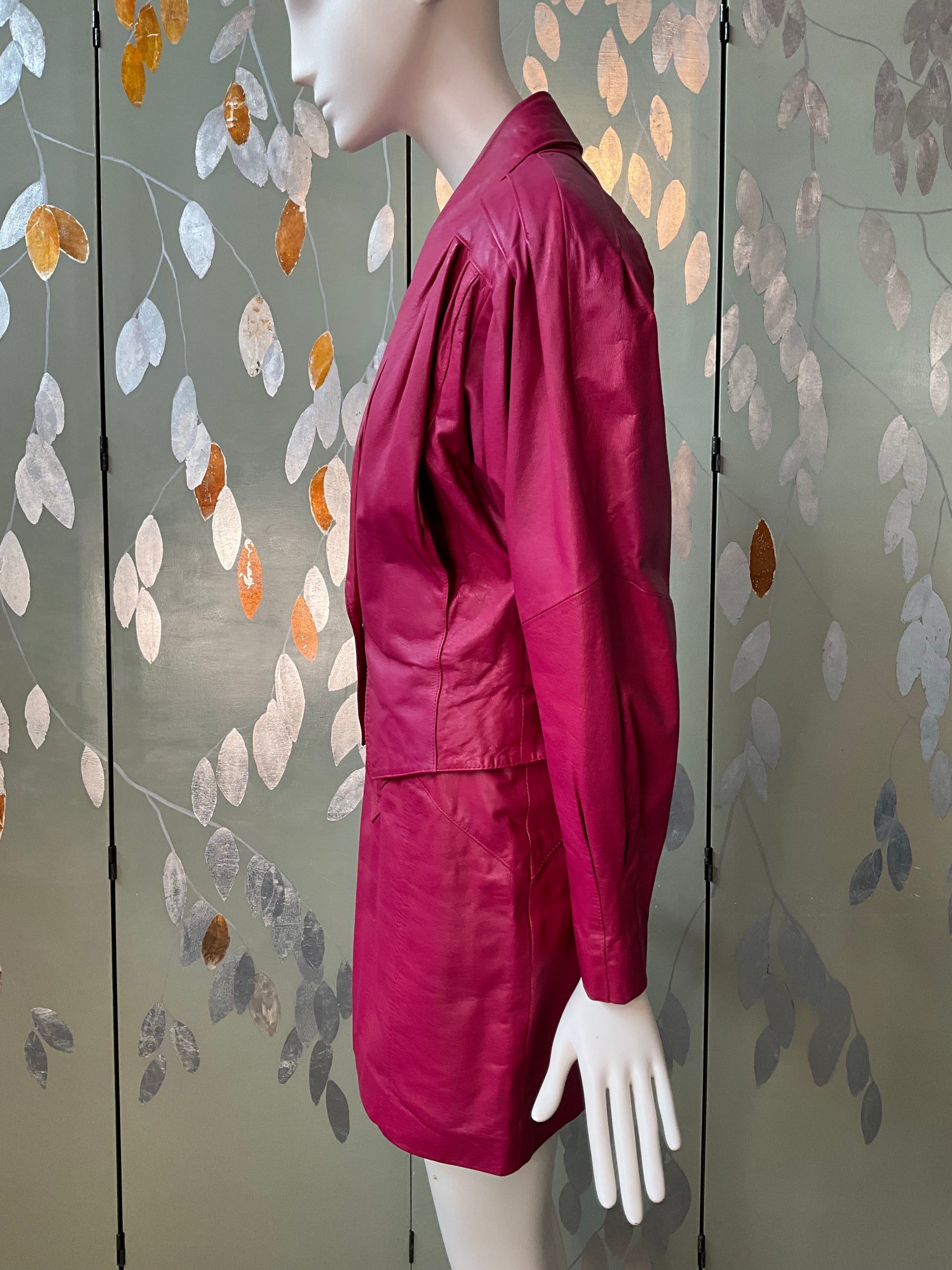 Vintage 1980s Hot Pink Leather Mini Skirt and Jacket Set, XS