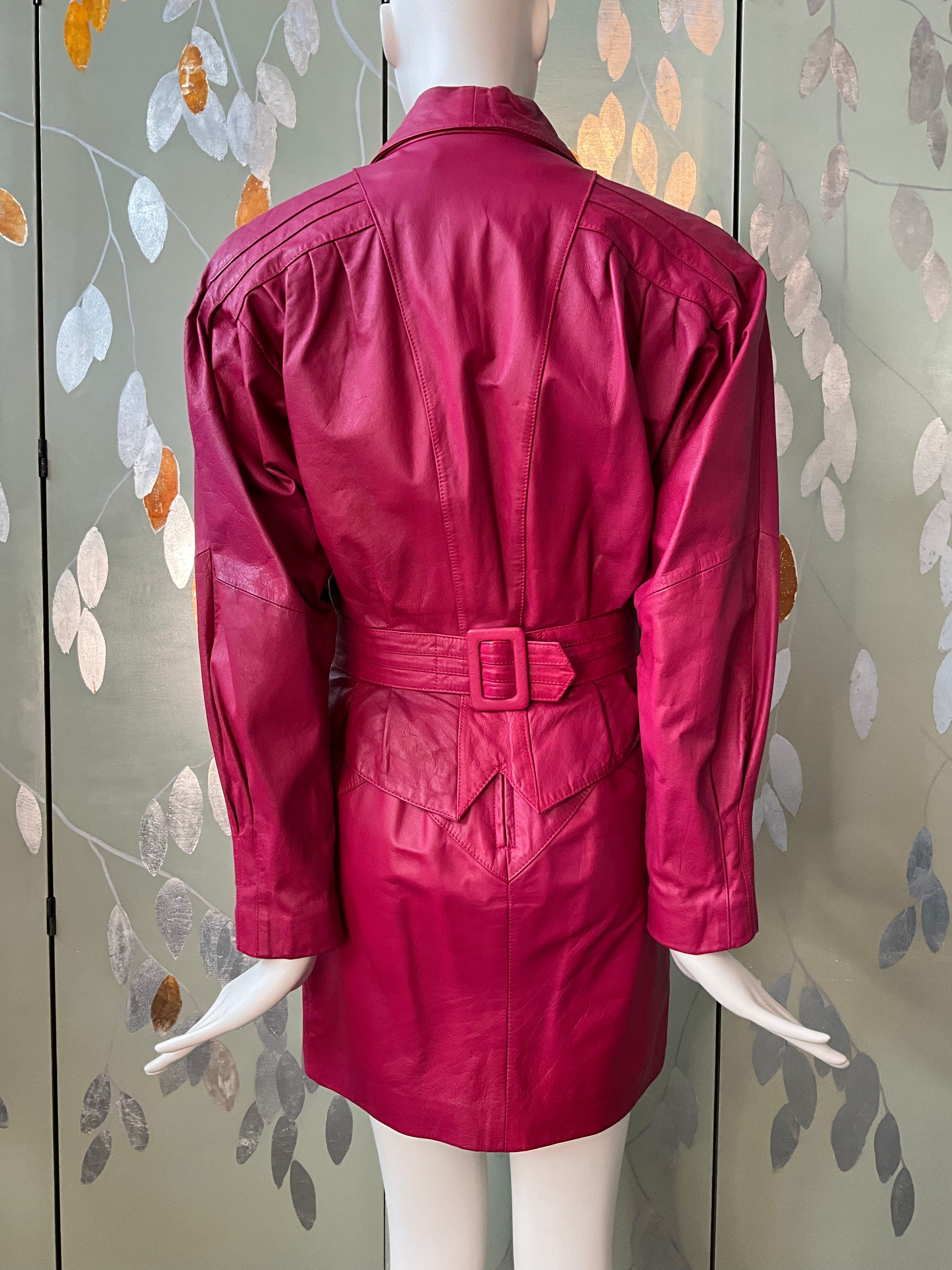 Vintage 1980s Hot Pink Leather Mini Skirt and Jacket Set, XS