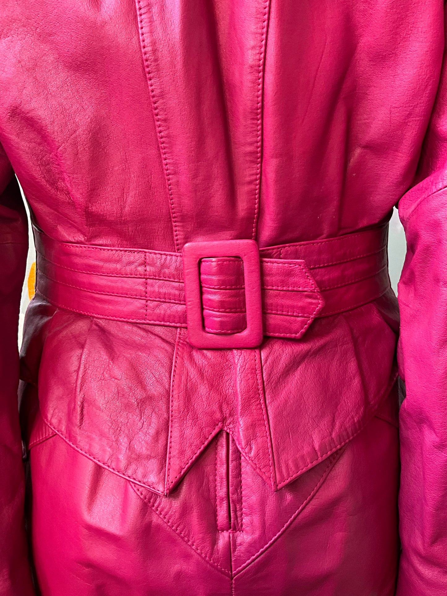 Vintage 1980s Hot Pink Leather Mini Skirt and Jacket Set, XS