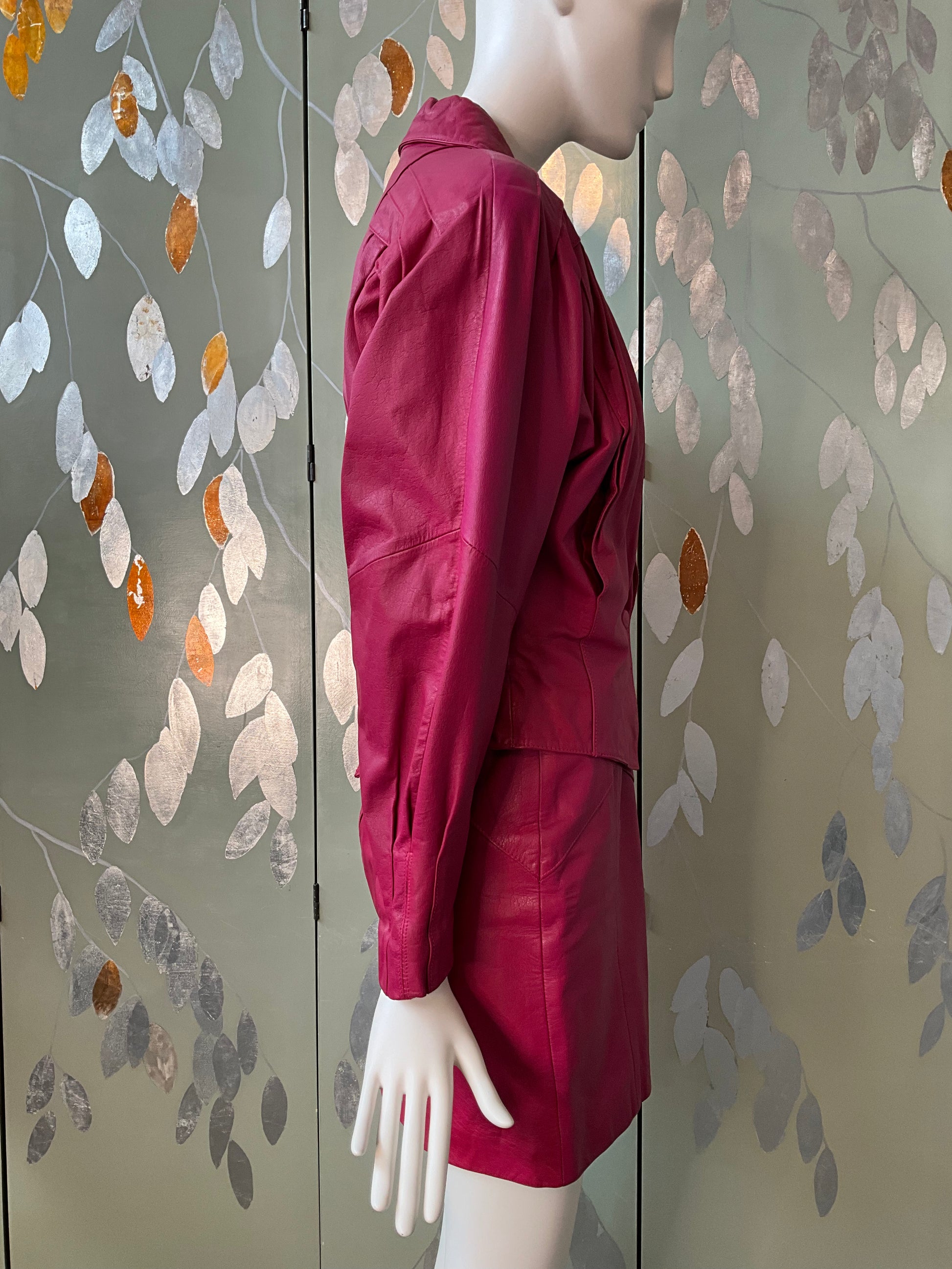 Vintage 1980s Hot Pink Leather Mini Skirt and Jacket Set, XS