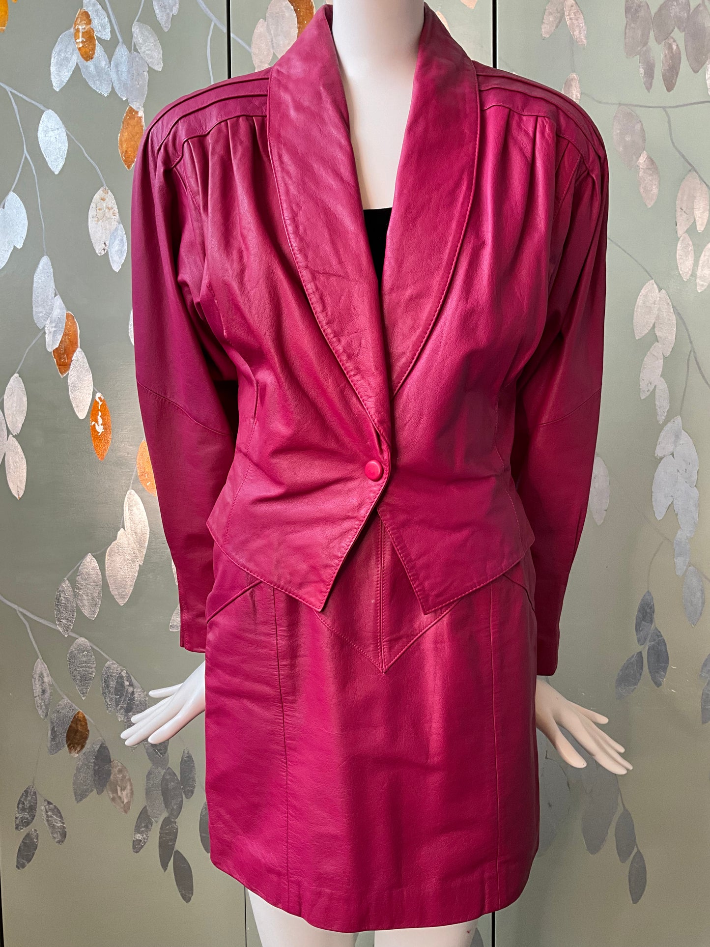 Vintage 1980s Hot Pink Leather Mini Skirt and Jacket Set, XS