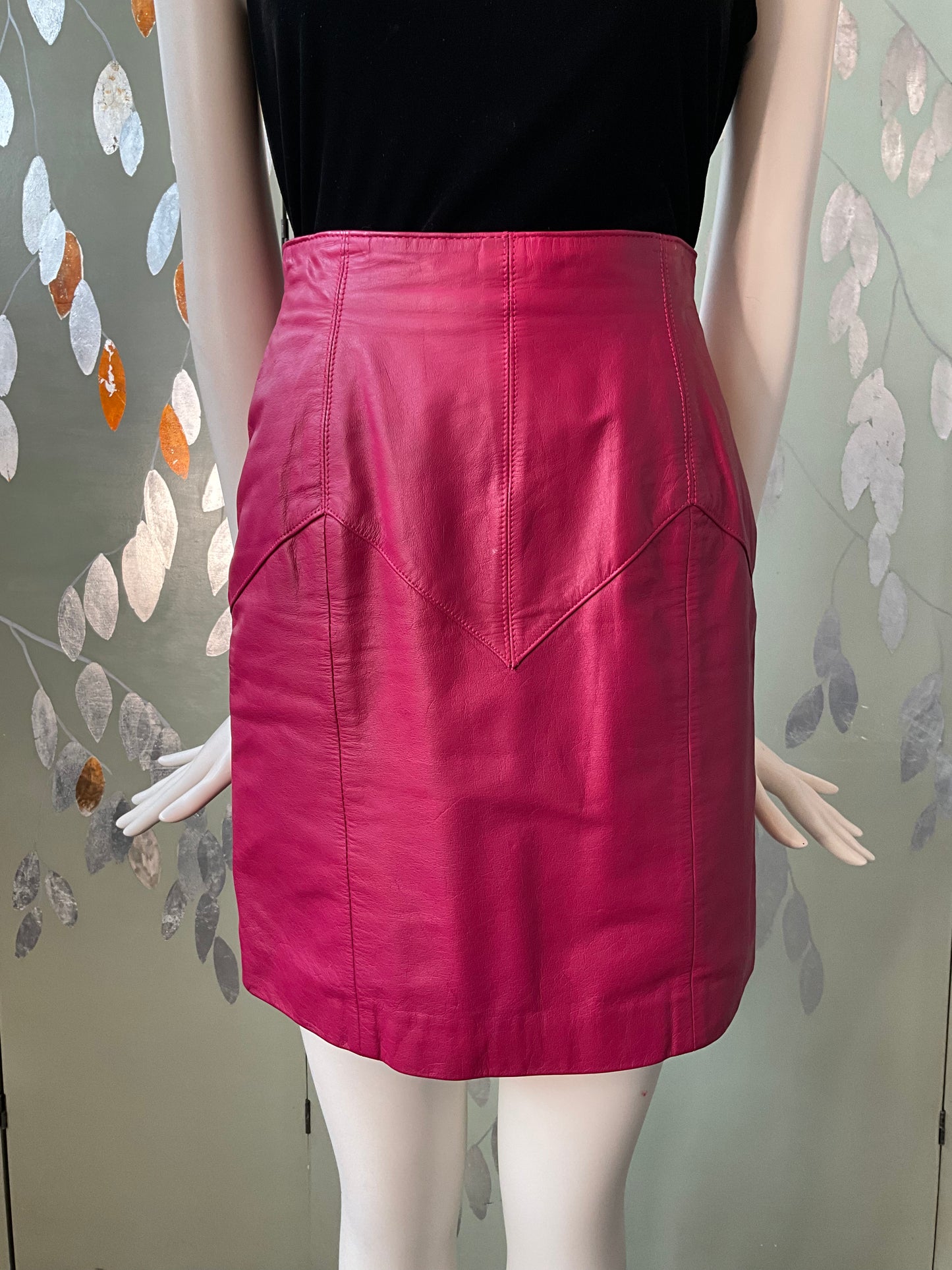 Vintage 1980s Hot Pink Leather Mini Skirt and Jacket Set, XS