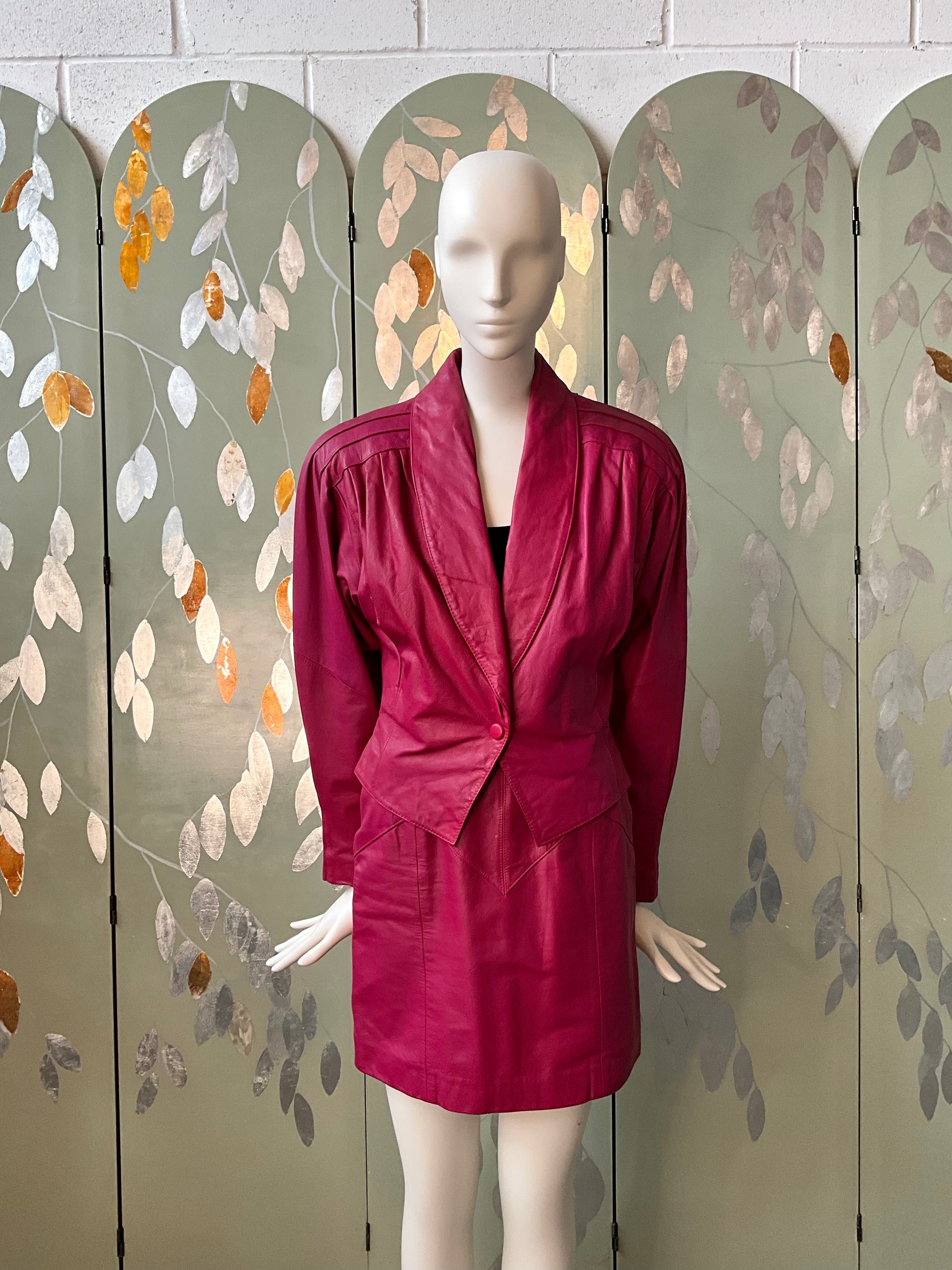 Vintage 1980s Hot Pink Leather Mini Skirt and Jacket Set, XS