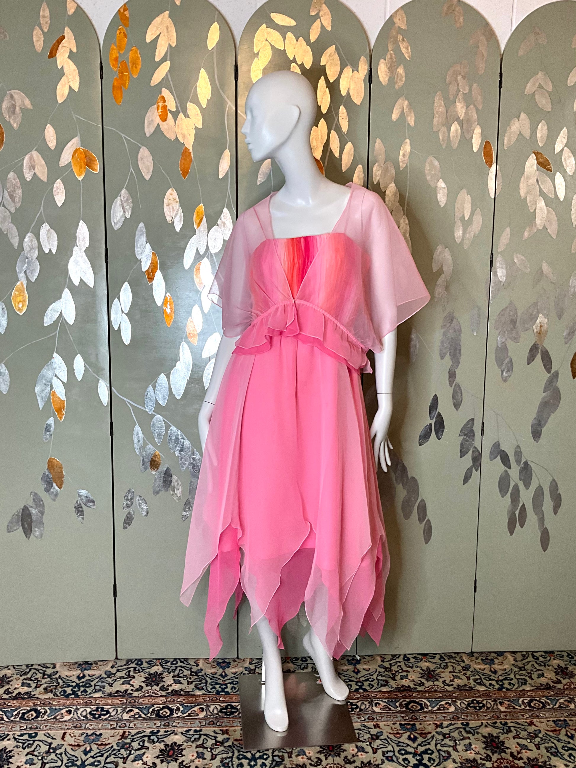 2000s Gradient Pink Handkerchief Hem Party Dress and Sheer Bolero, S-M 2000s Gradient Pink Handkerchief Hem Party Dress and Sheer Bolero, S-M