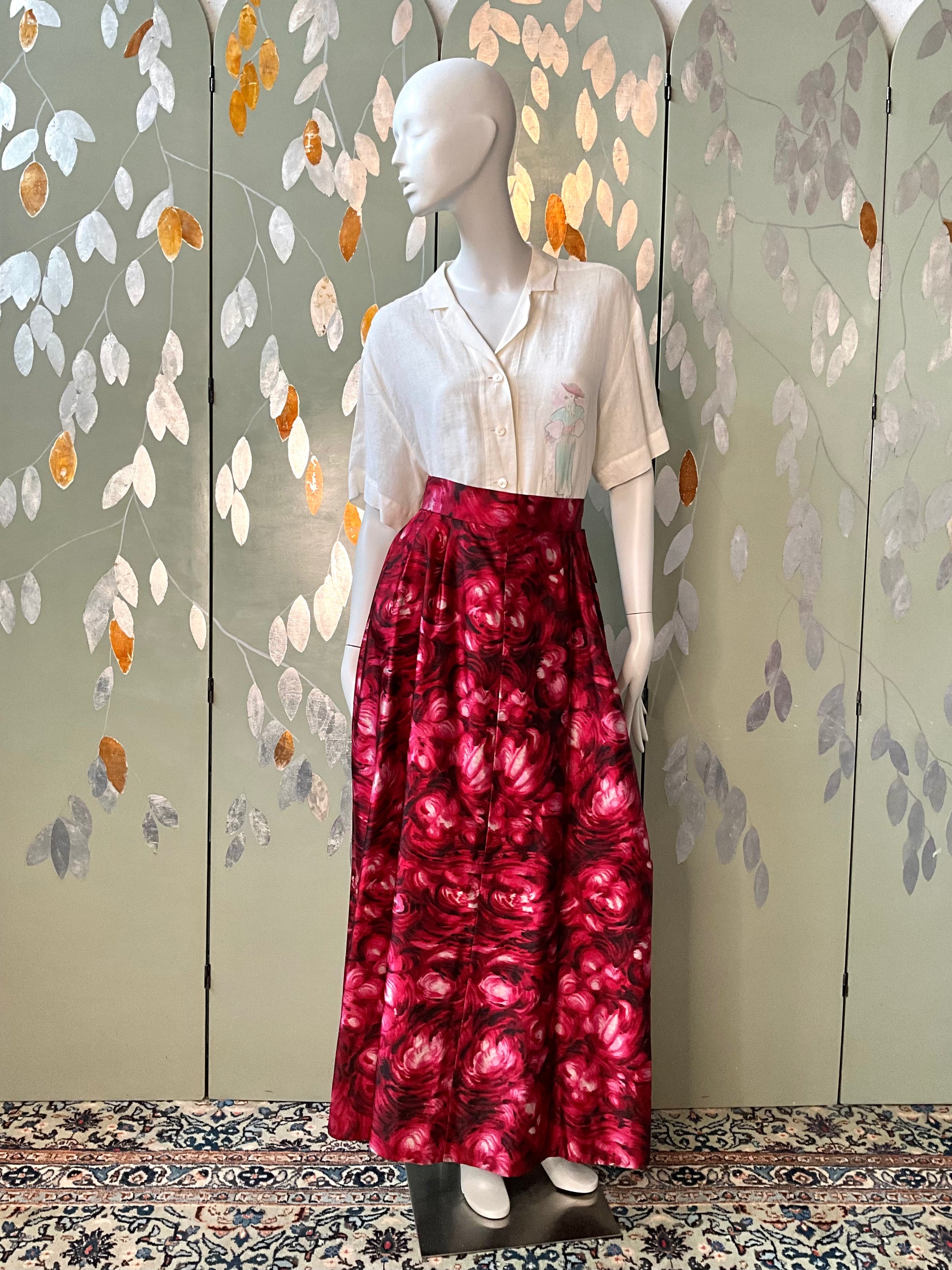 Vintage 1970s Homemade Pink Abstract Print Satin Maxi Skirt, Small