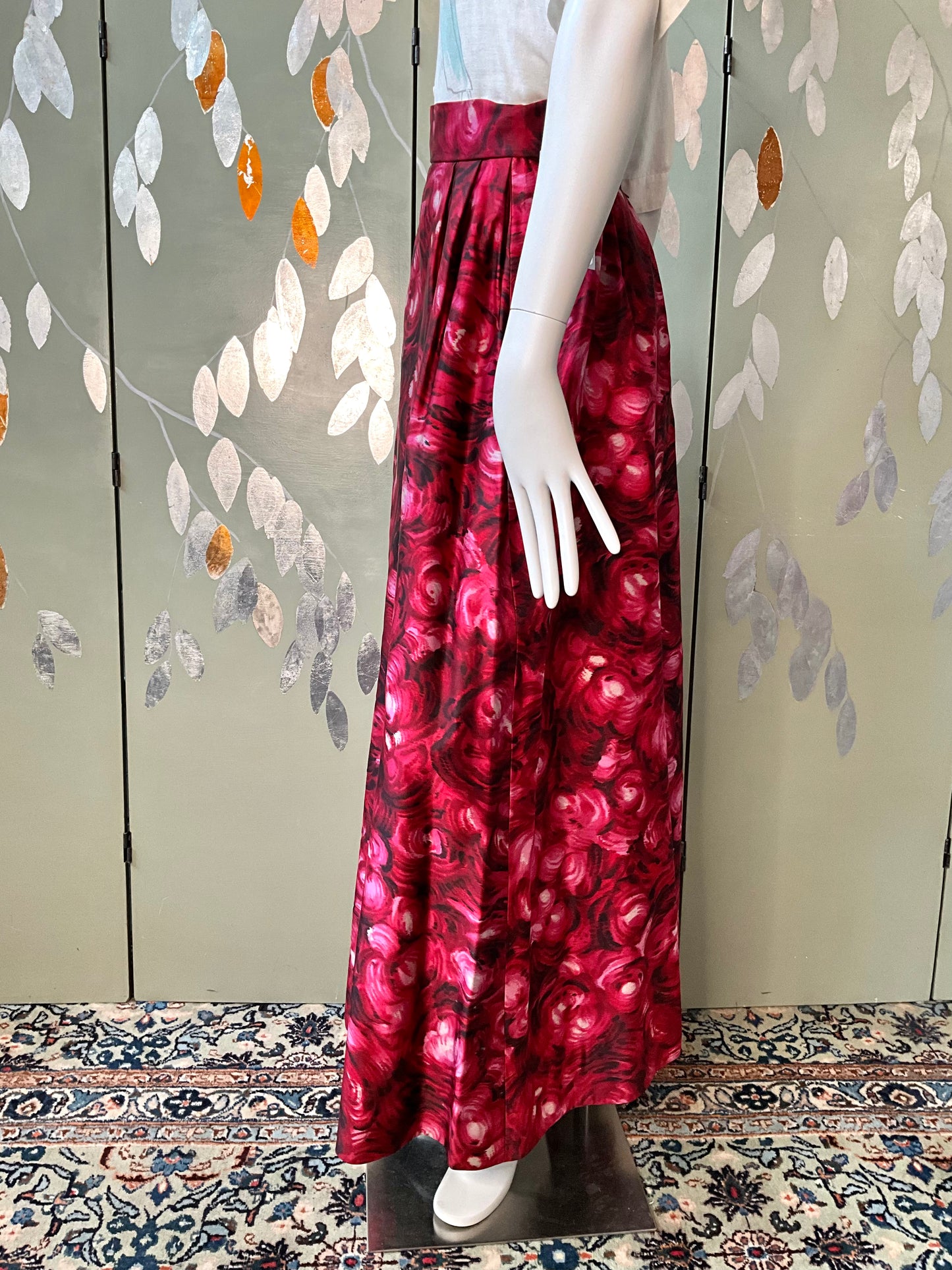 Vintage 1970s Homemade Pink Abstract Print Satin Maxi Skirt, Small