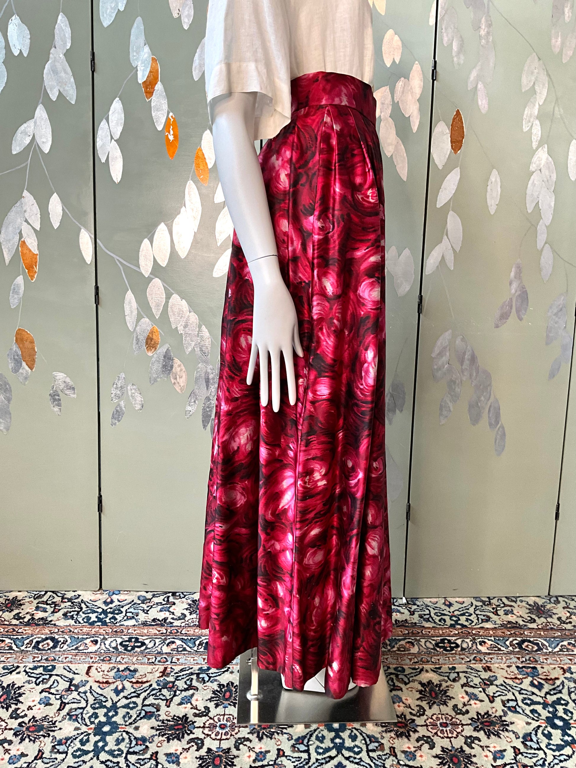 Vintage 1970s Homemade Pink Abstract Print Satin Maxi Skirt, Small