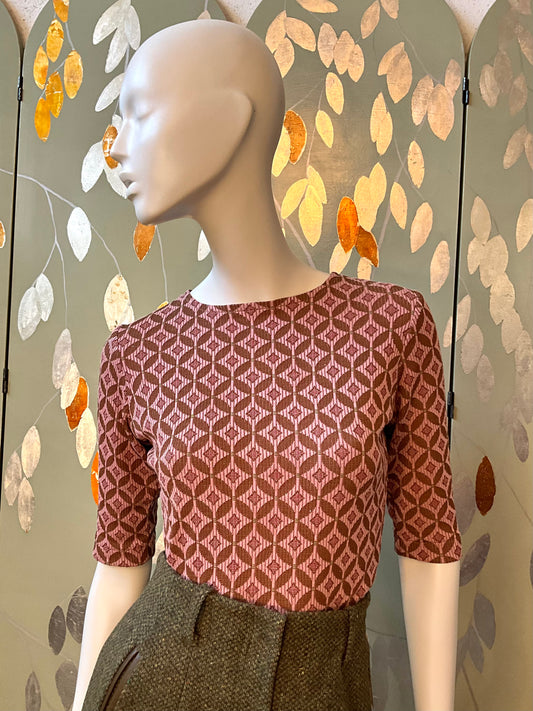 Reproduction 1970s Pink Green Ogee Pattern 3/4 Sleeve Knit Top, Medium 