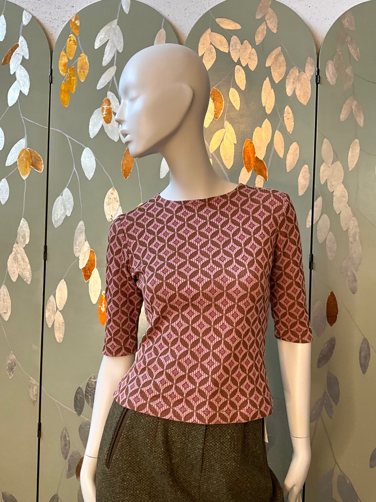 Reproduction 1970s Pink Green Ogee Pattern 3/4 Sleeve Knit Top, Medium 