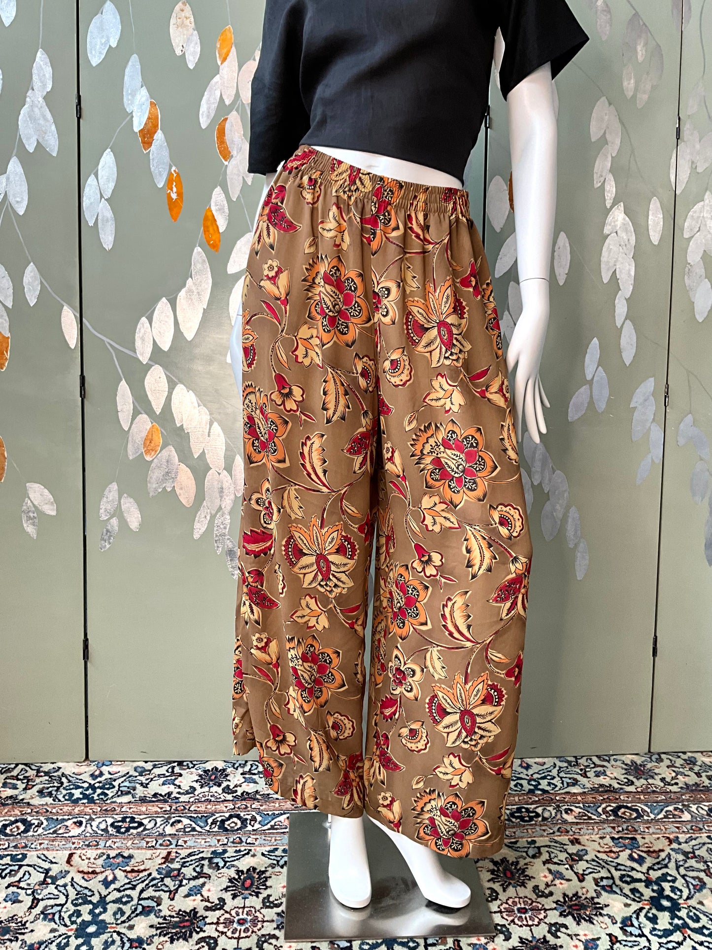 Vintage 1980s Sheer Brown and Burgundy Floral Printed Wide Leg Pants, Medium 
