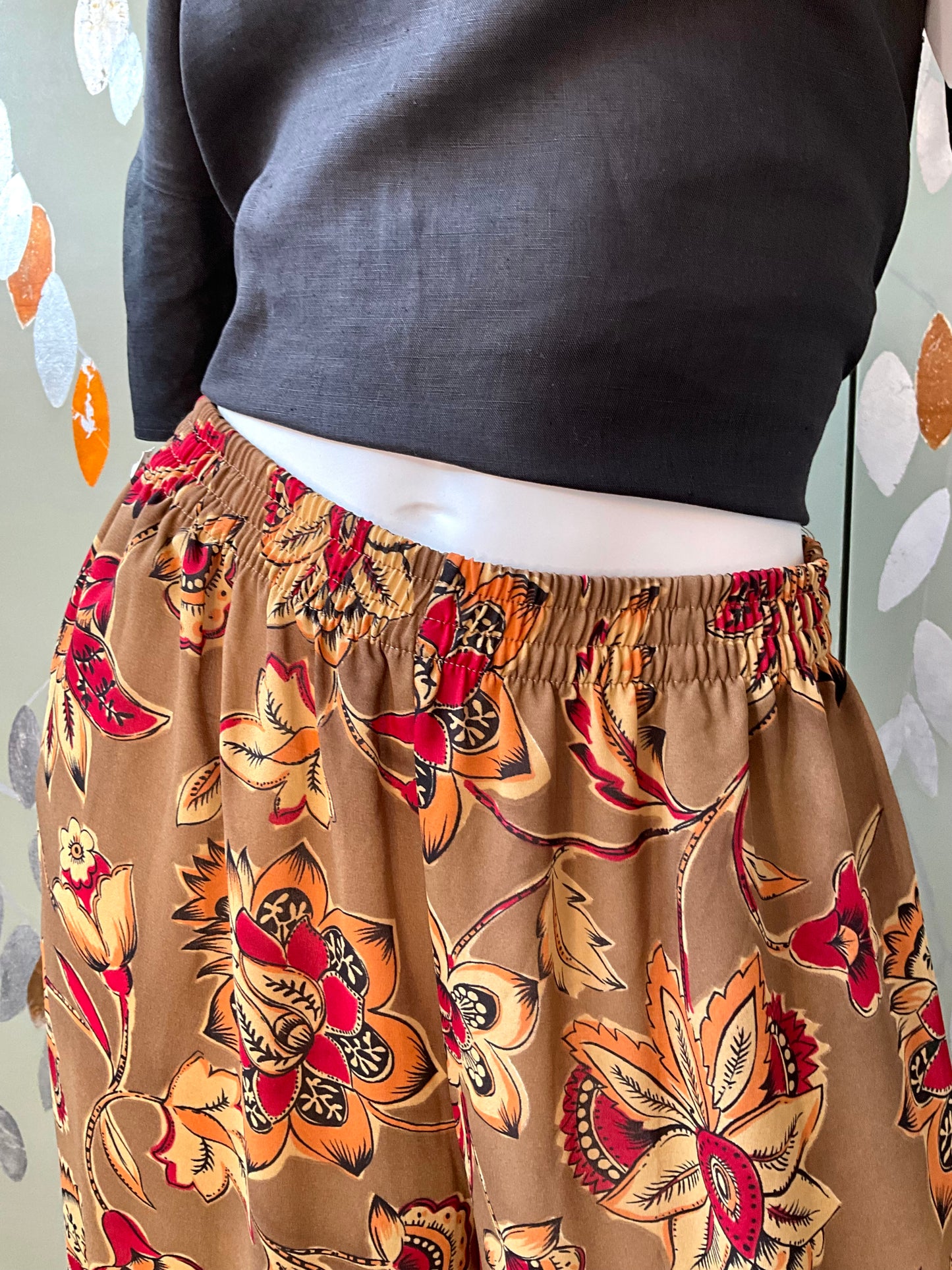 Vintage 1980s Sheer Brown and Burgundy Floral Printed Wide Leg Pants, Medium 