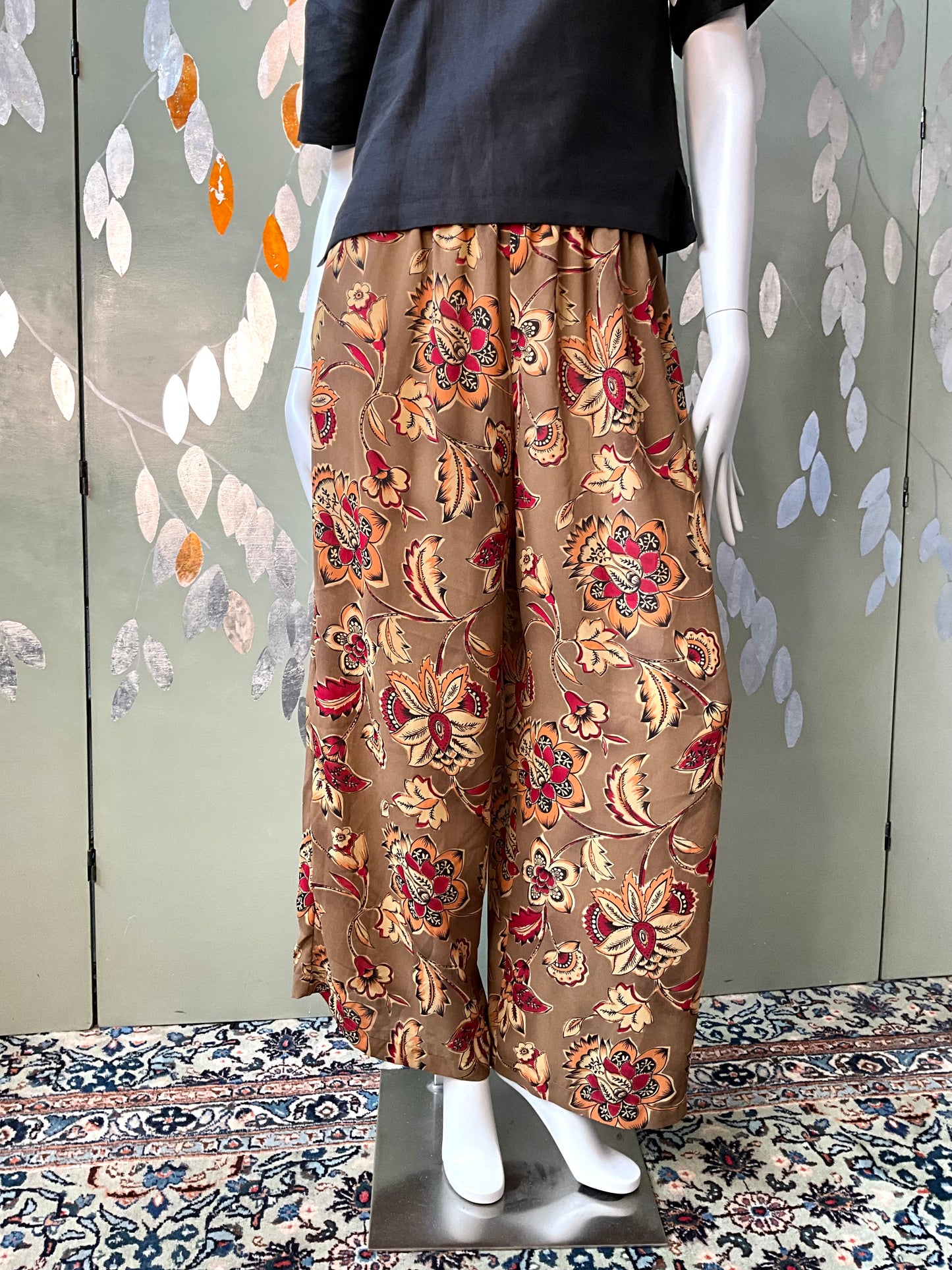 Vintage 1980s Sheer Brown and Burgundy Floral Printed Wide Leg Pants, Medium 