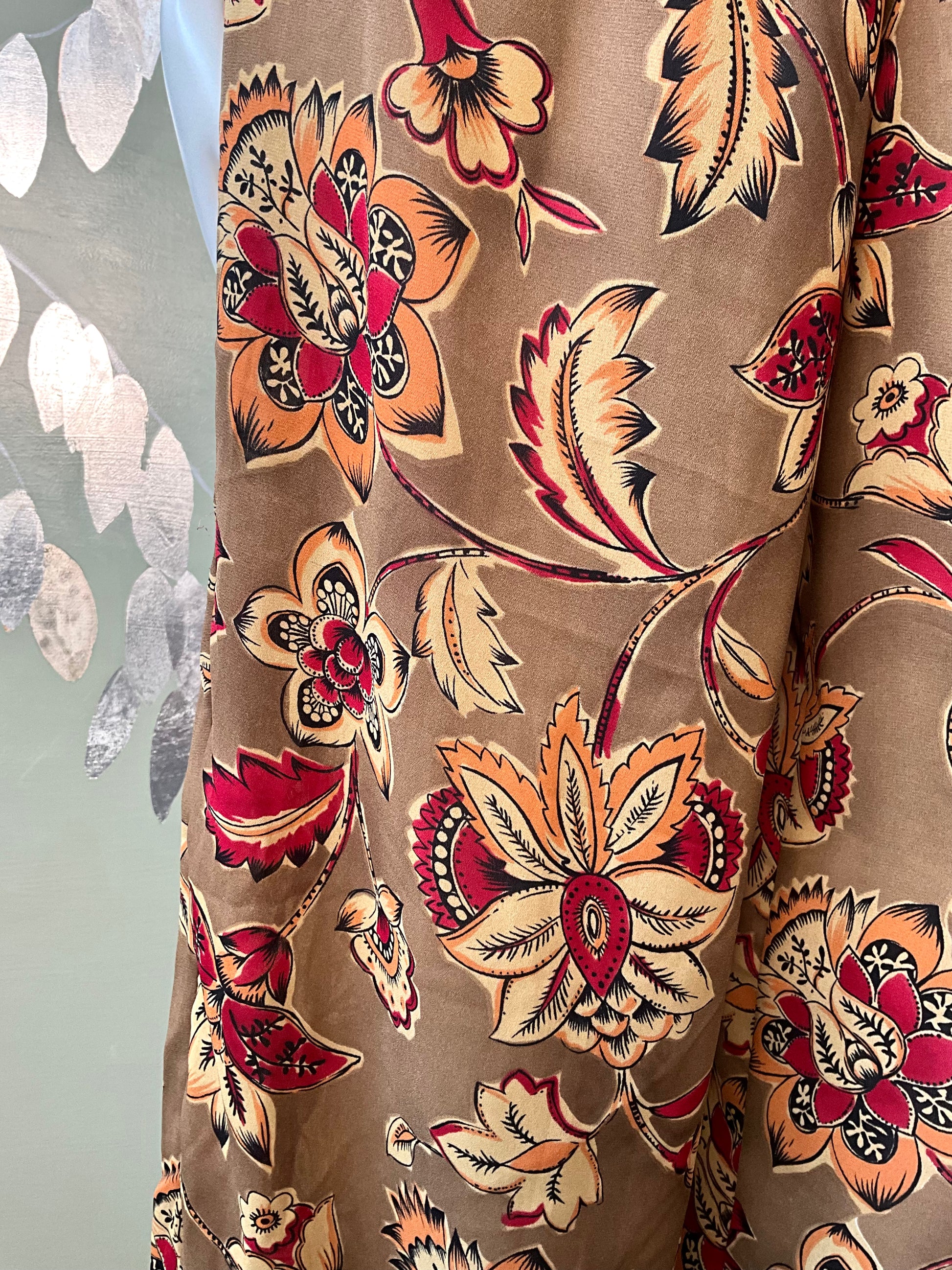 Vintage 1980s Sheer Brown and Burgundy Floral Printed Wide Leg Pants, Medium 