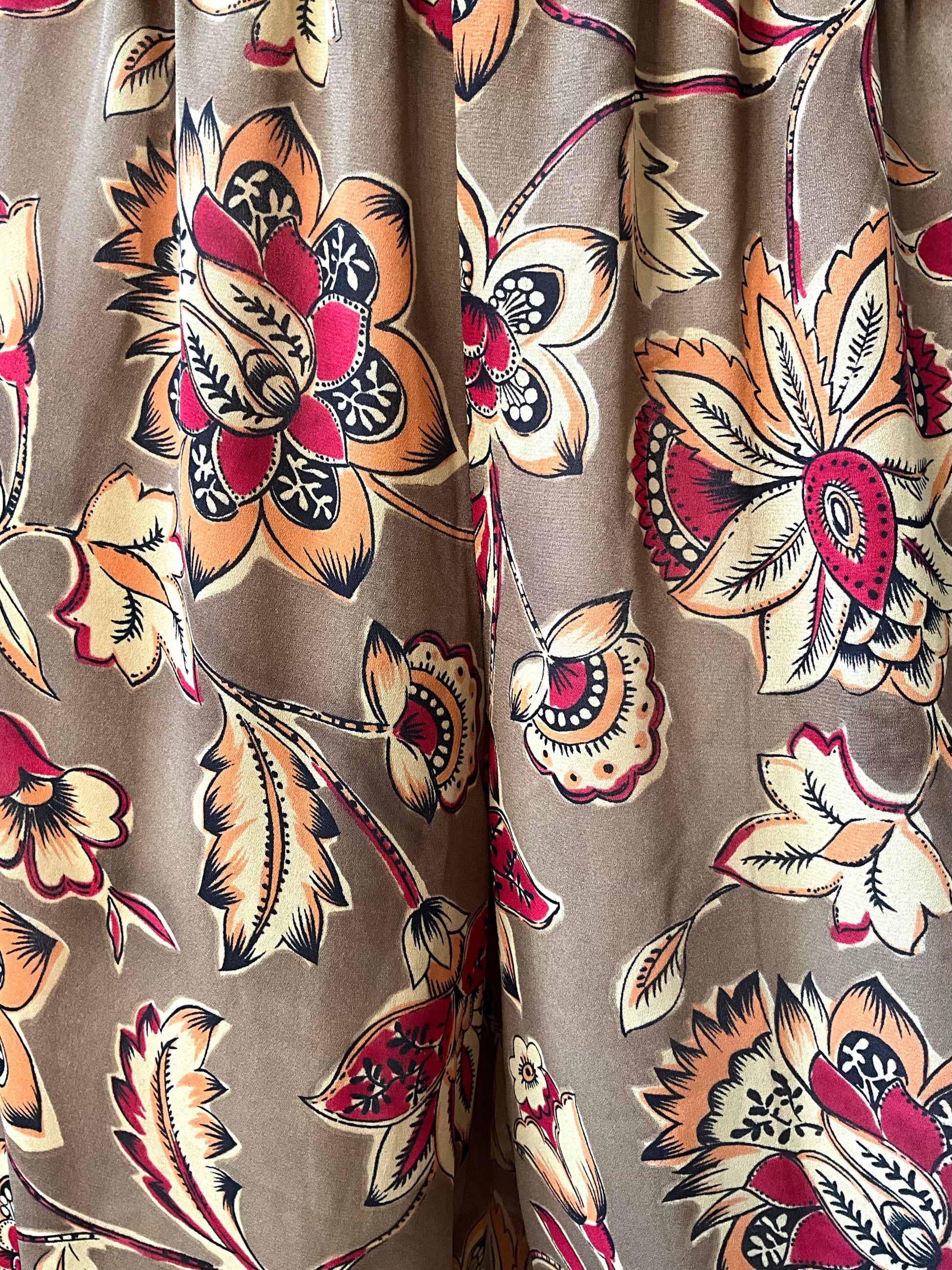 Vintage 1980s Sheer Brown and Burgundy Floral Printed Wide Leg Pants, Medium 