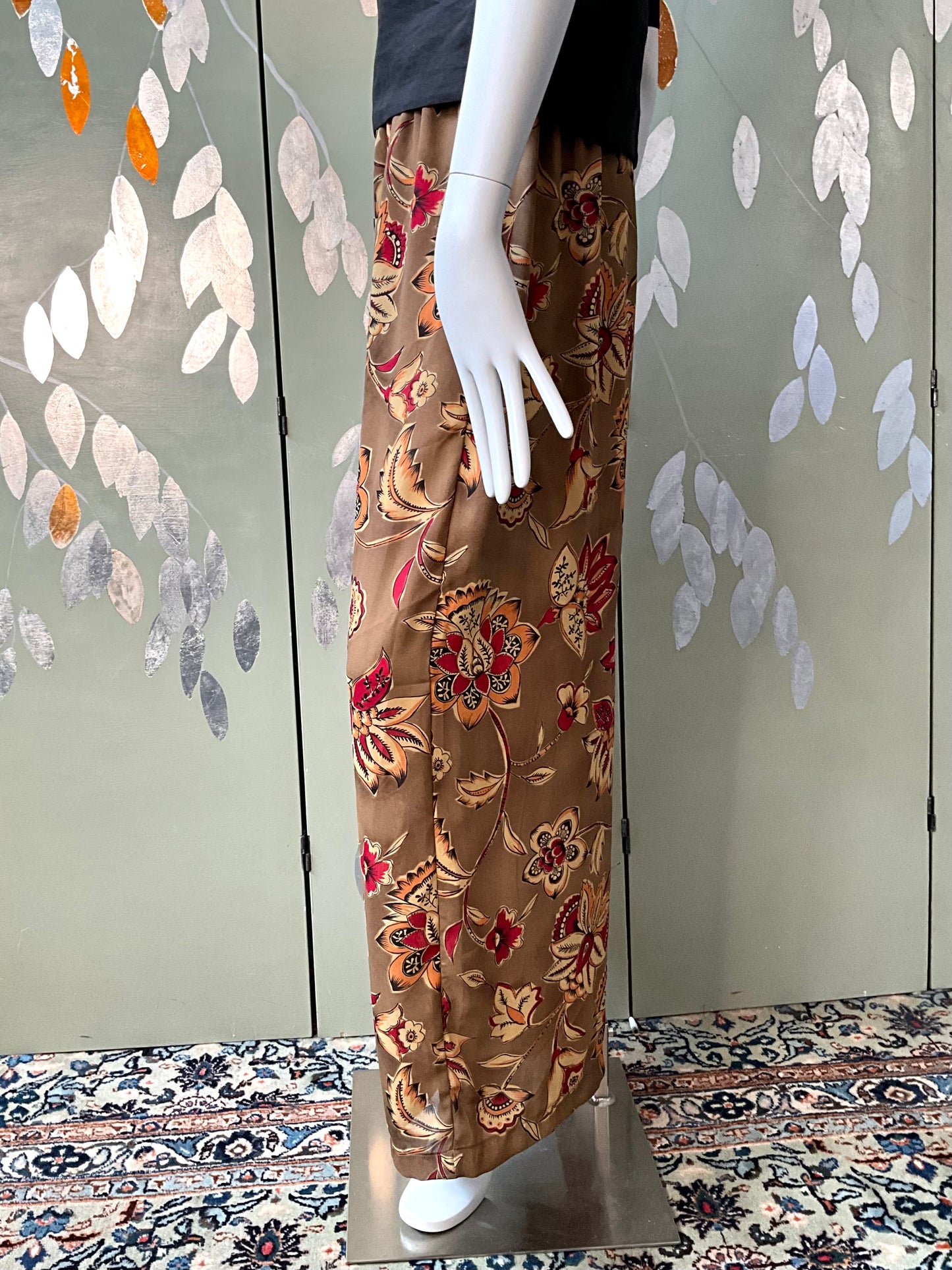 Vintage 1980s Sheer Brown and Burgundy Floral Printed Wide Leg Pants, Medium 