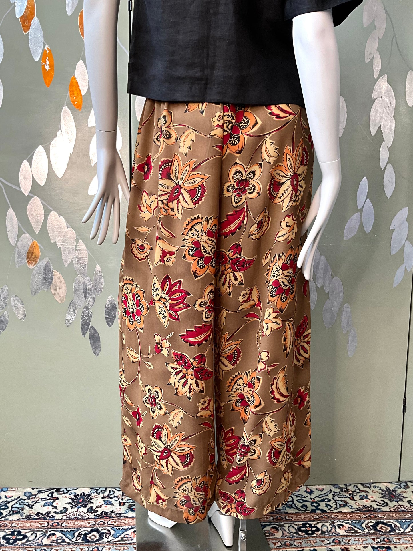 Vintage 1980s Sheer Brown and Burgundy Floral Printed Wide Leg Pants, Medium 