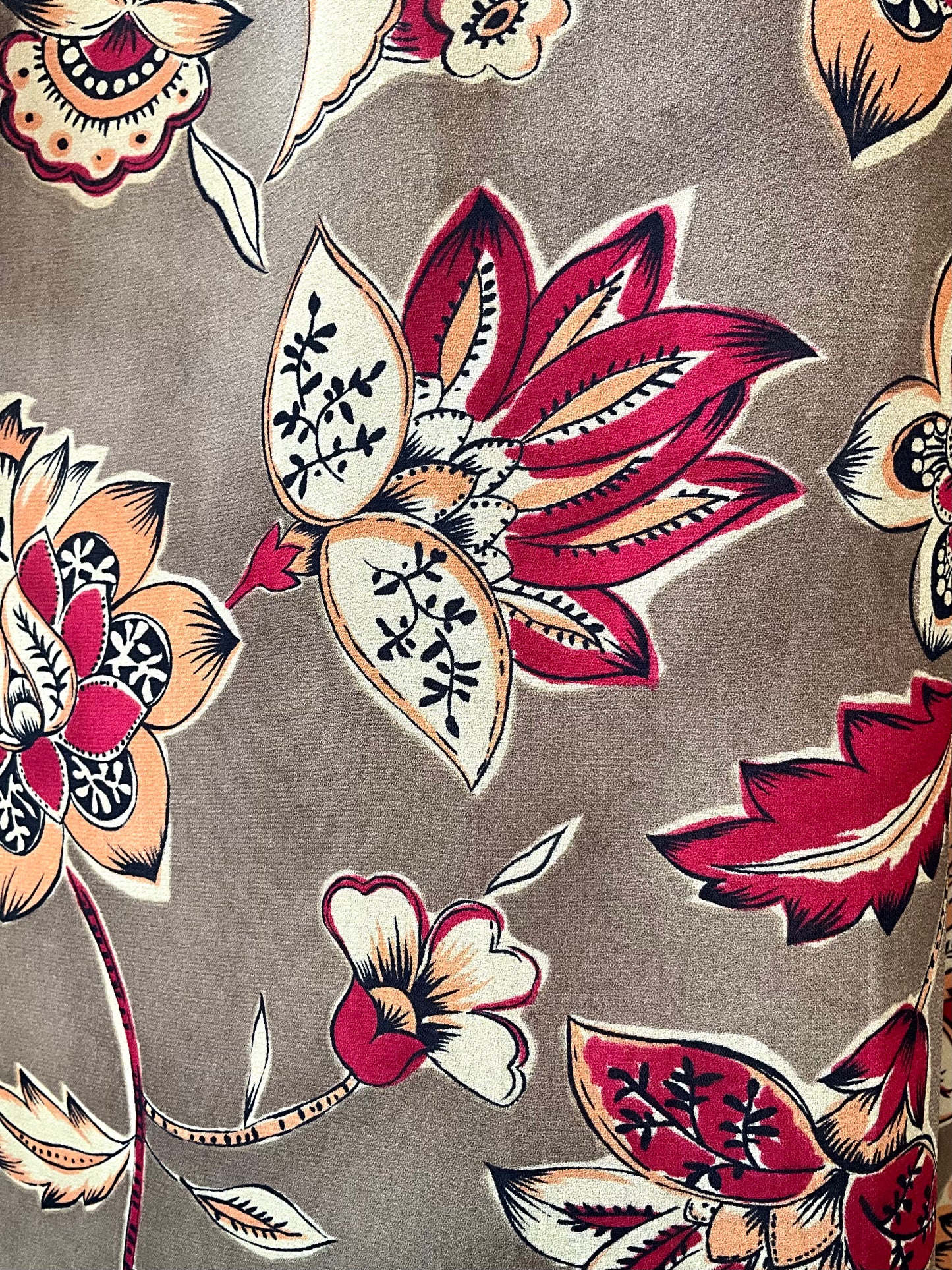 Vintage 1980s Sheer Brown and Burgundy Floral Printed Wide Leg Pants, Medium 