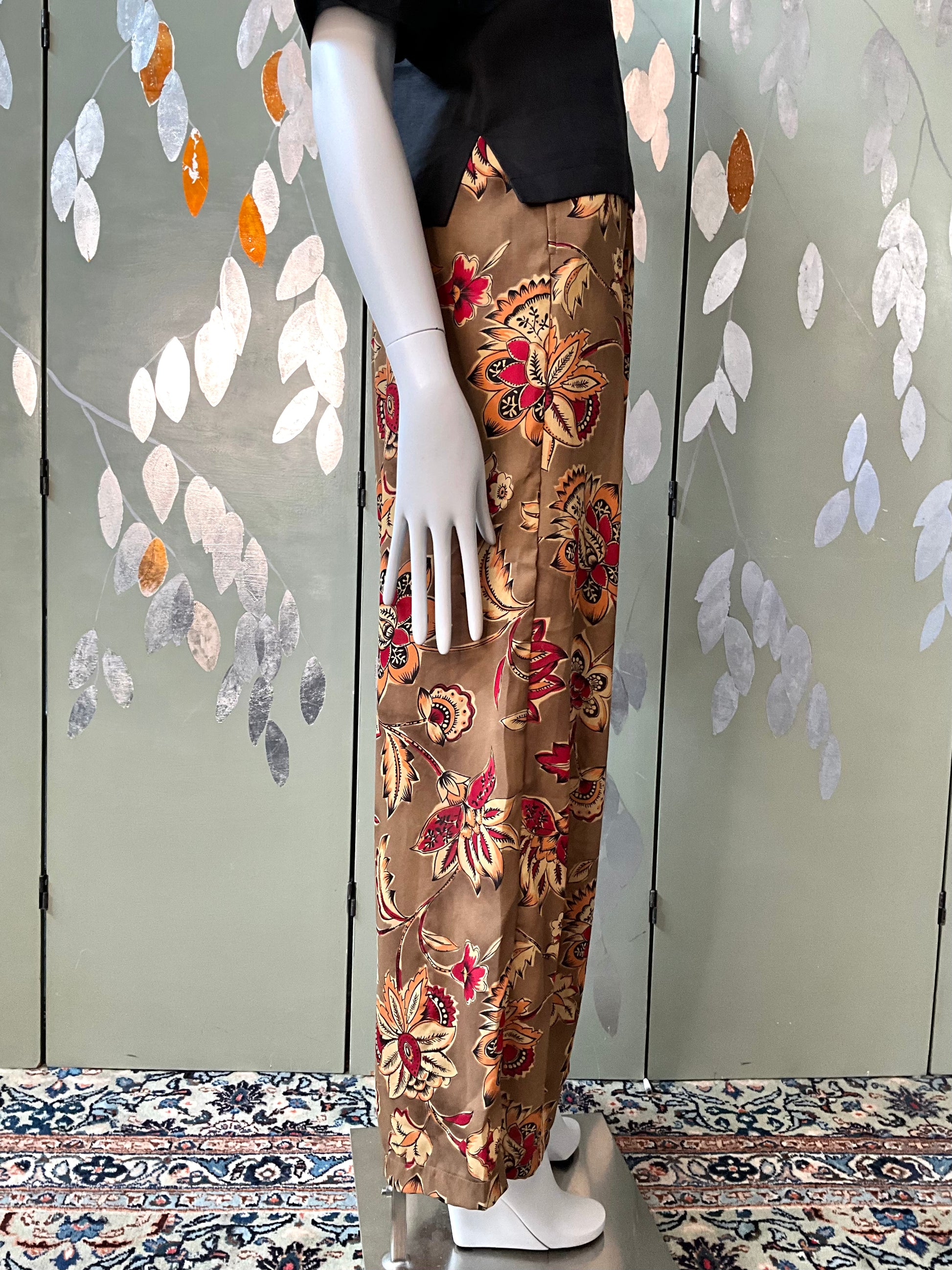 Vintage 1980s Sheer Brown and Burgundy Floral Printed Wide Leg Pants, Medium 