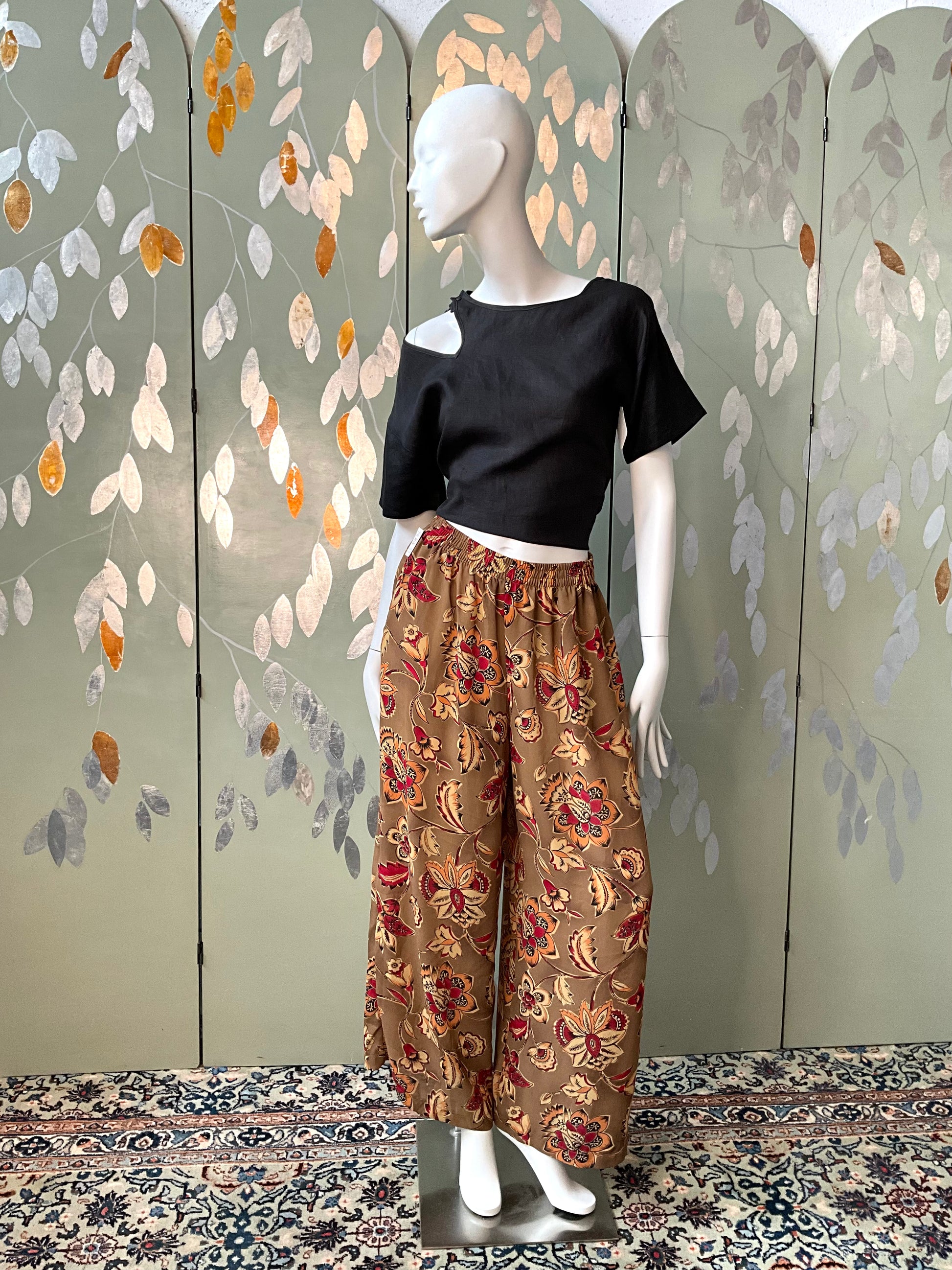 Vintage 1980s Sheer Brown and Burgundy Floral Printed Wide Leg Pants, Medium 