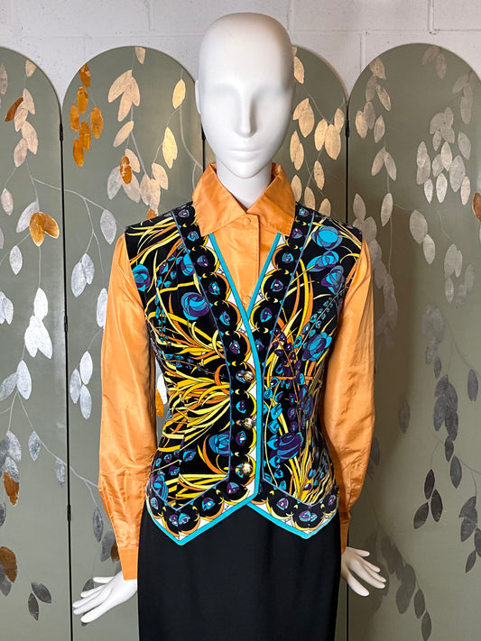 Vintage 1960s Emilio Pucci Black and Blue Floral Cotton Velvet Vest, Large 