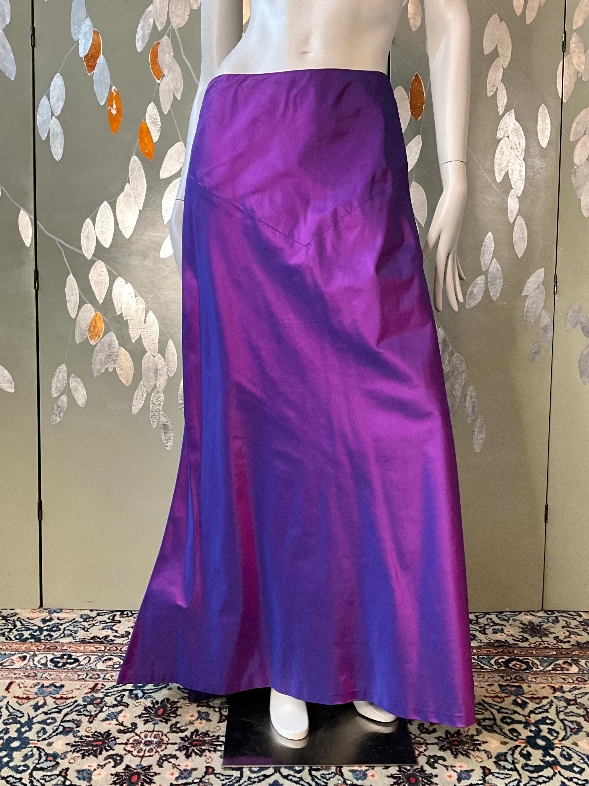 Vintage Y2K Purple Silk Taffeta Maxi Evening Skirt with Waterfall Ruffle, W32
