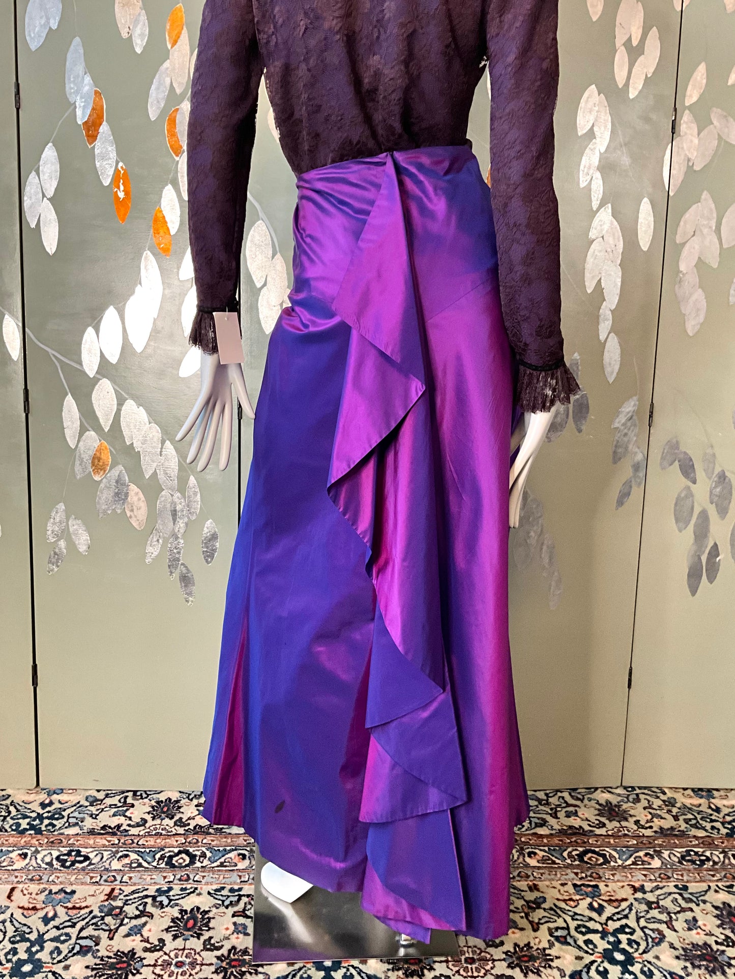 Vintage Y2K Purple Silk Taffeta Maxi Evening Skirt with Waterfall Ruffle, W32