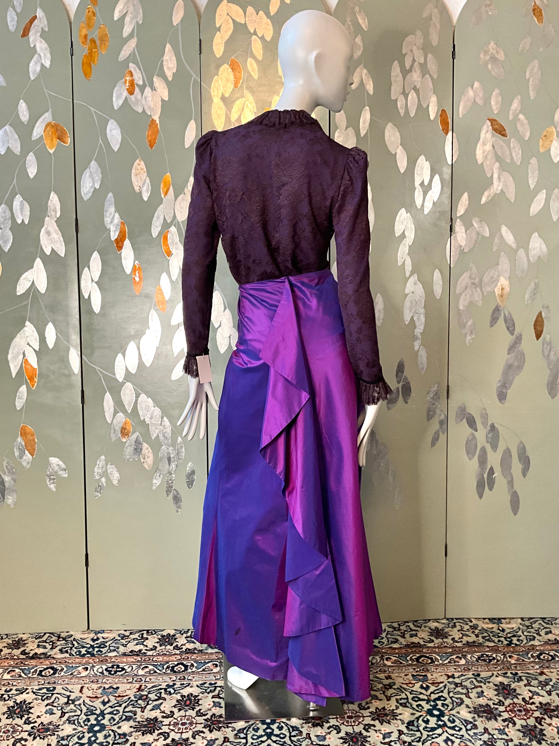 Vintage Y2K Purple Silk Taffeta Maxi Evening Skirt with Waterfall Ruffle, W32