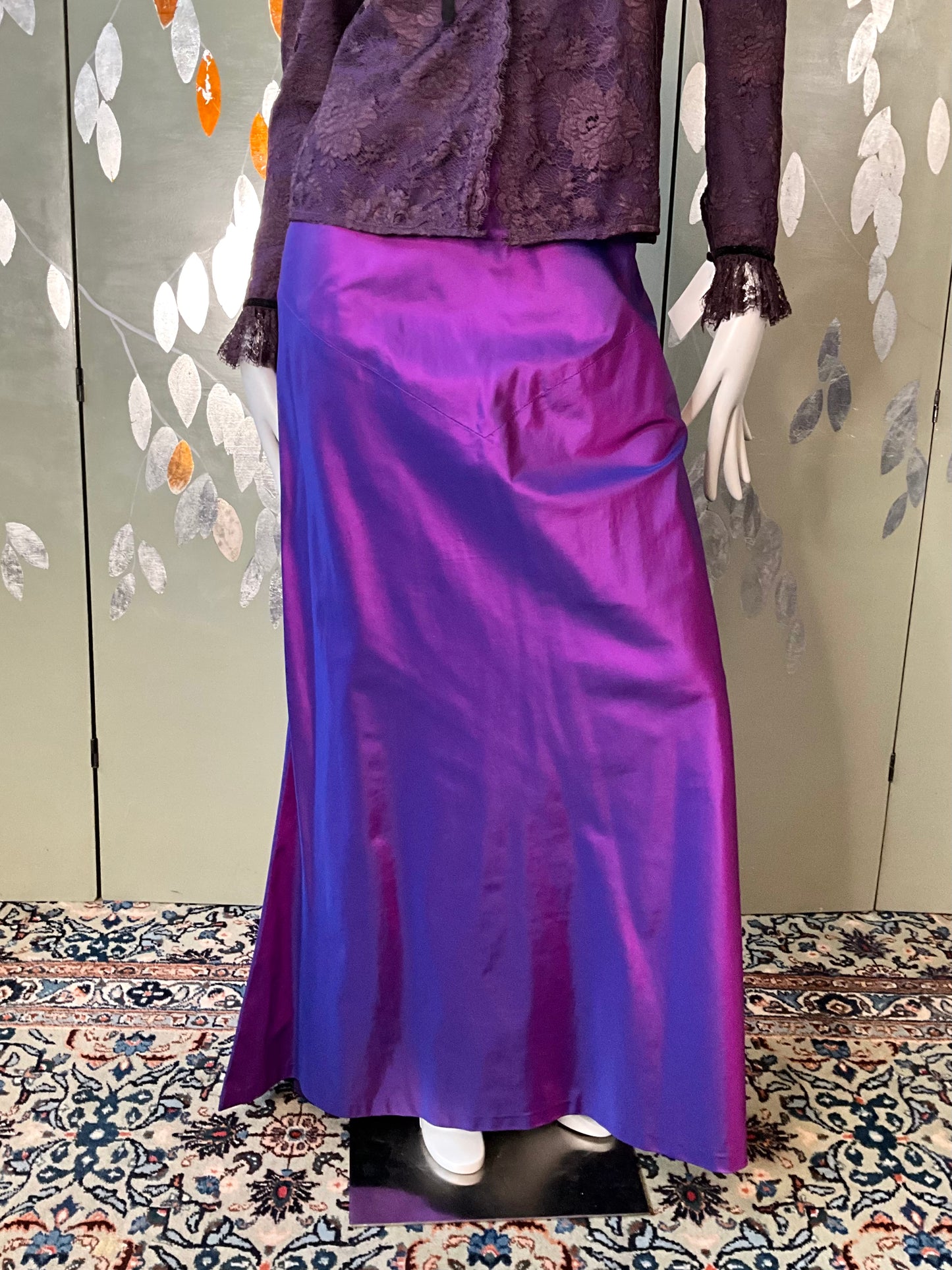 Vintage Y2K Purple Silk Taffeta Maxi Evening Skirt with Waterfall Ruffle, W32