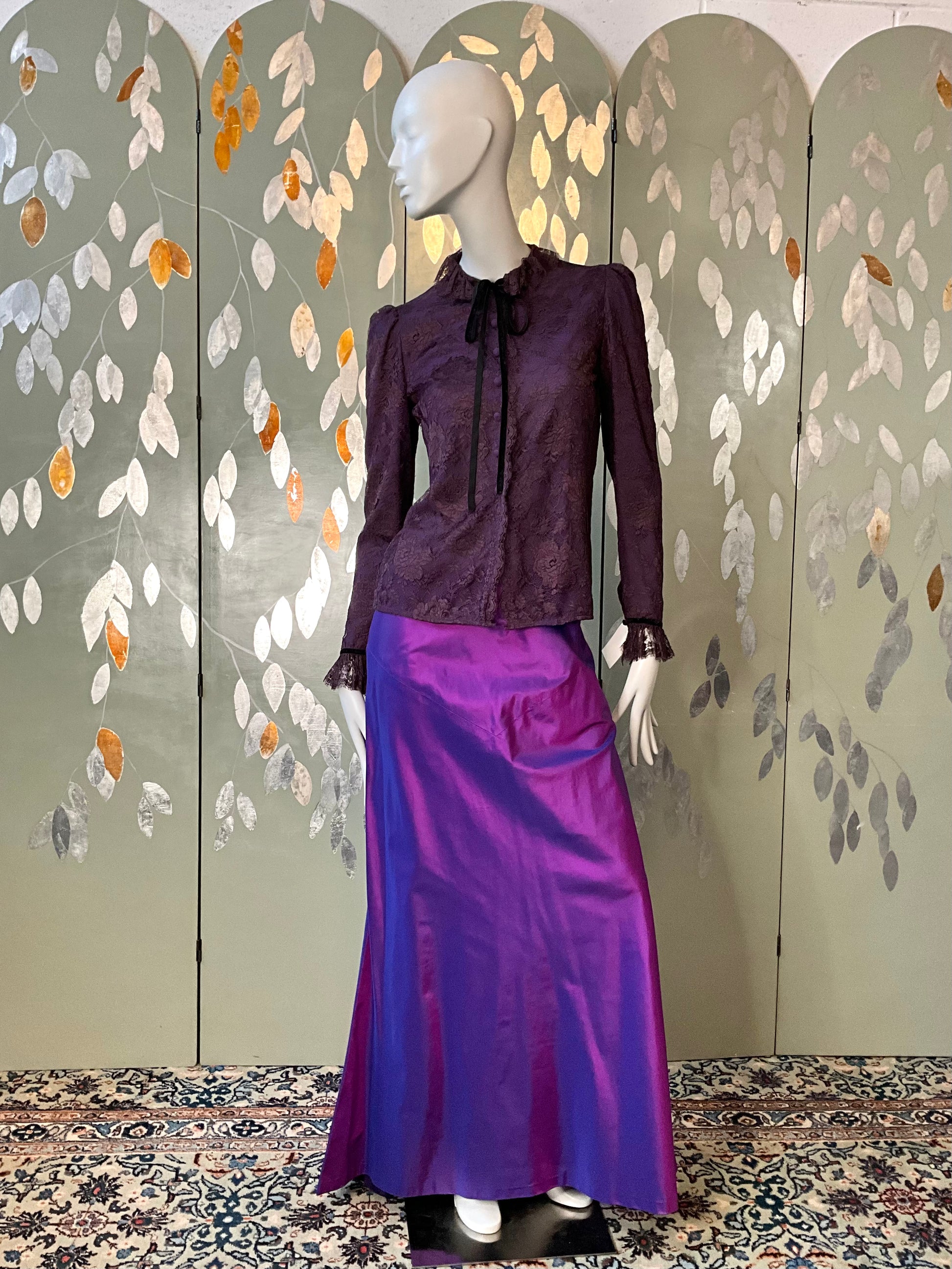 Vintage Y2K Purple Silk Taffeta Maxi Evening Skirt with Waterfall Ruffle, W32
