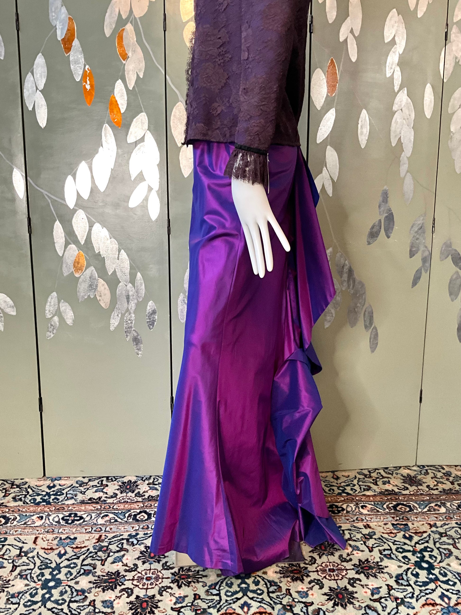 Vintage Y2K Purple Silk Taffeta Maxi Evening Skirt with Waterfall Ruffle, W32