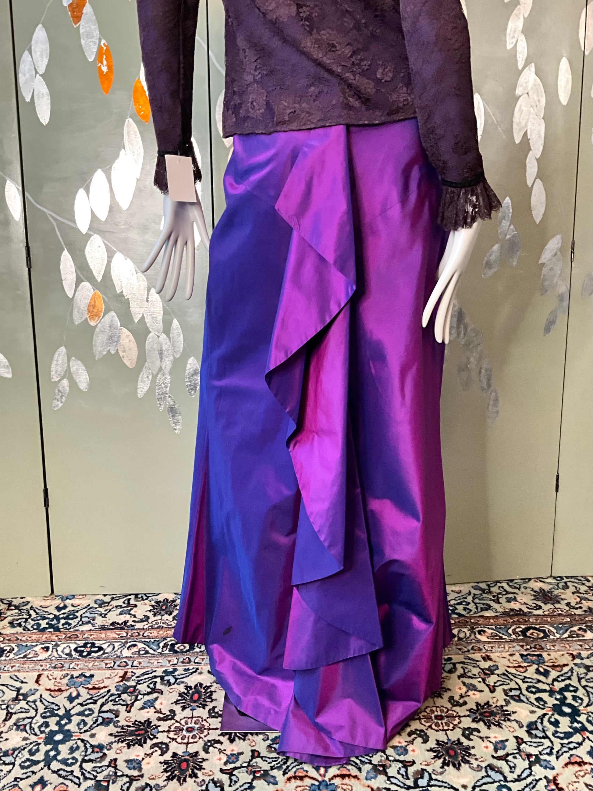 Vintage Y2K Purple Silk Taffeta Maxi Evening Skirt with Waterfall Ruffle, W32