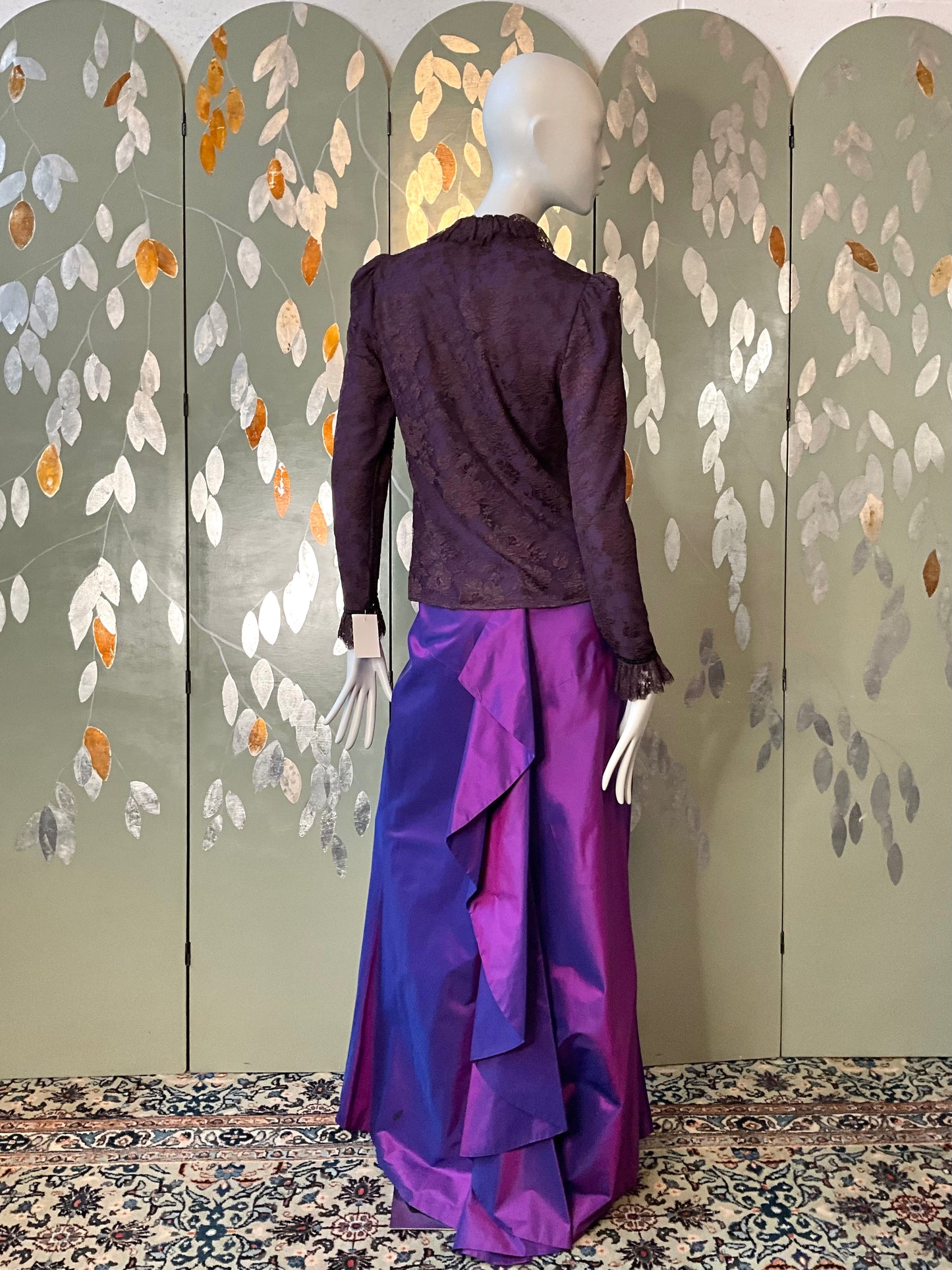 Vintage Y2K Purple Silk Taffeta Maxi Evening Skirt with Waterfall Ruffle, W32