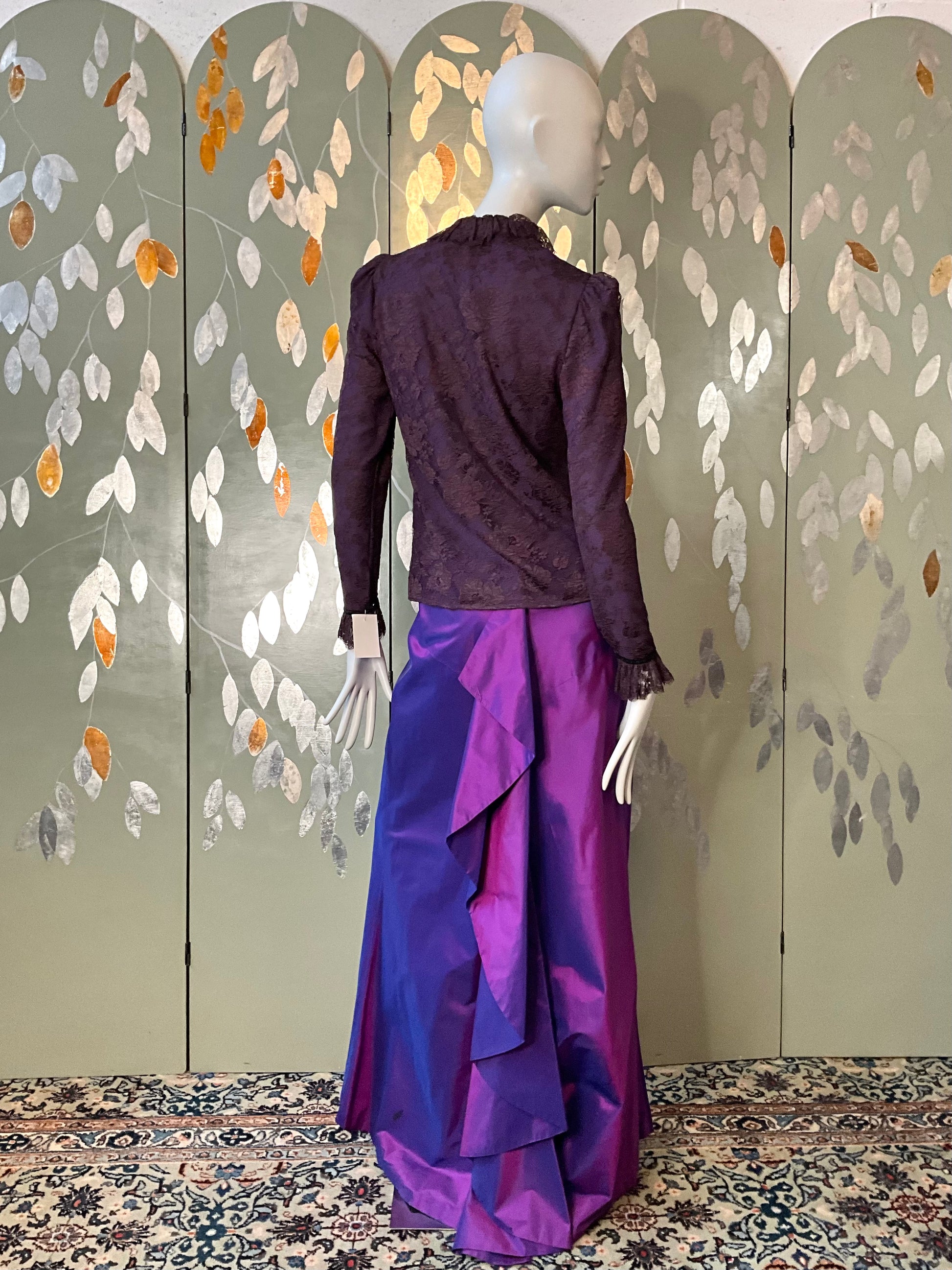 Vintage Y2K Purple Silk Taffeta Maxi Evening Skirt with Waterfall Ruffle, W32