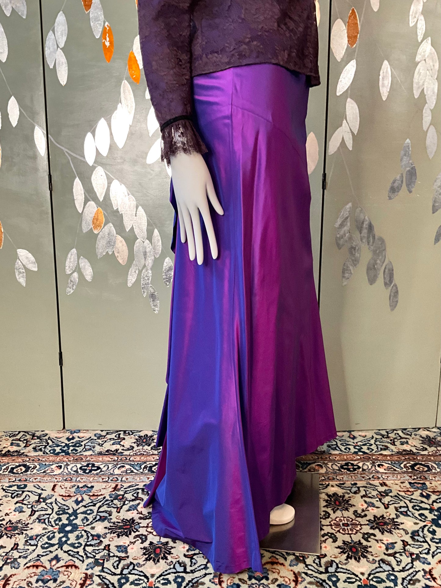 Vintage Y2K Purple Silk Taffeta Maxi Evening Skirt with Waterfall Ruffle, W32