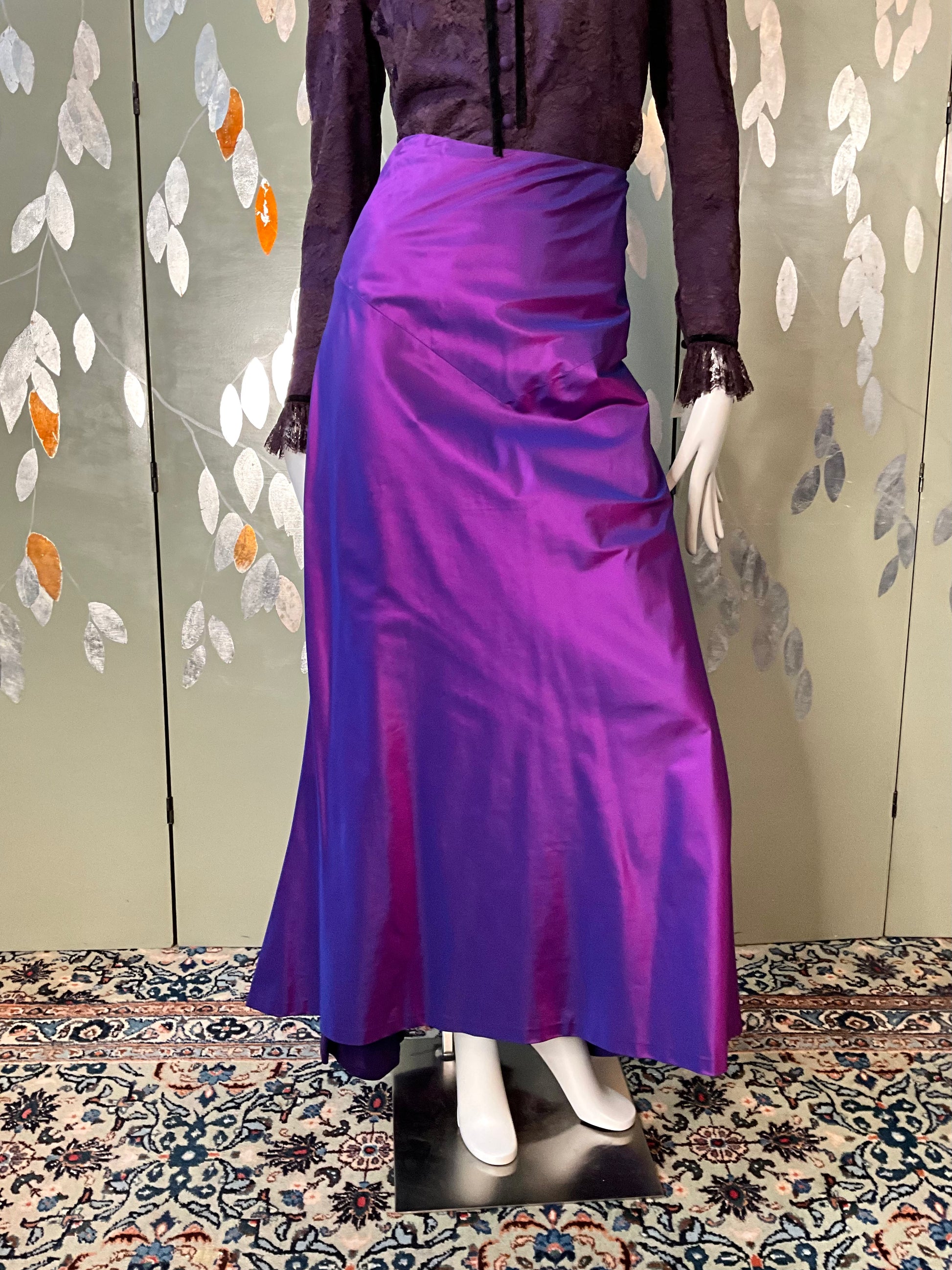 Vintage Y2K Purple Silk Taffeta Maxi Evening Skirt with Waterfall Ruffle, W32
