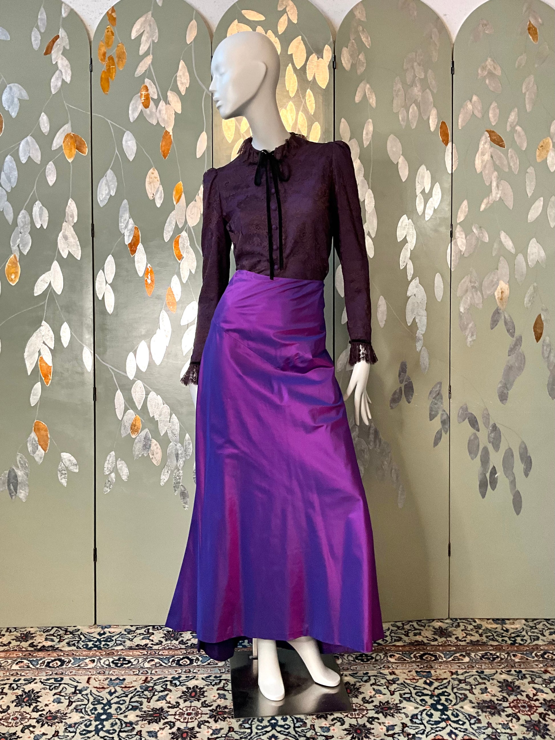 Vintage Y2K Purple Silk Taffeta Maxi Evening Skirt with Waterfall Ruffle, W32
