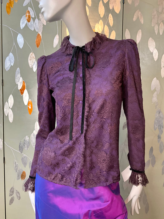 Vintage 1980s Jean Louis Scherrer Purple Lace Ruffle Neck Blouse, S/M