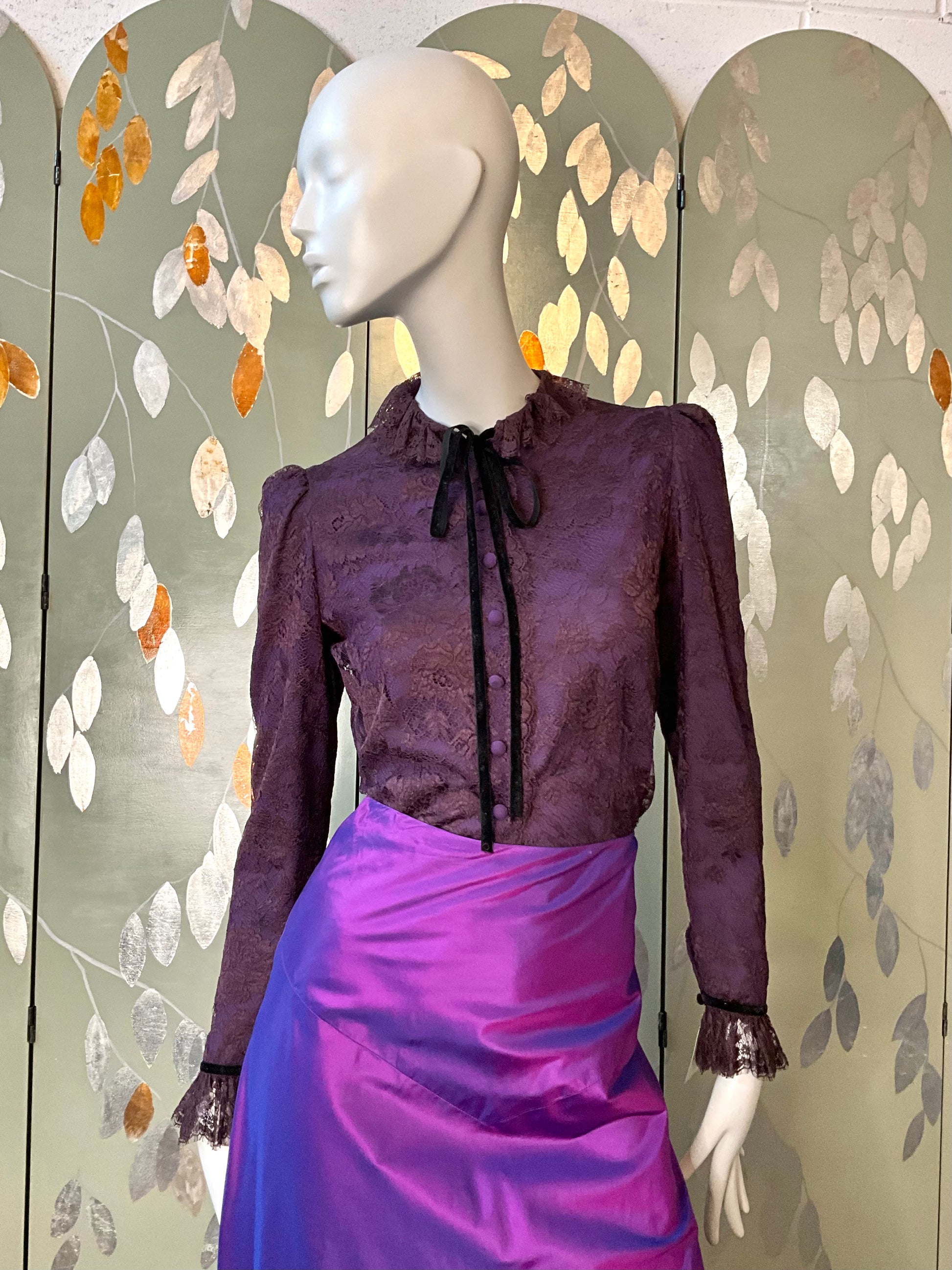 Vintage 1980s Jean Louis Scherrer Purple Lace Ruffle Neck Blouse, S/M