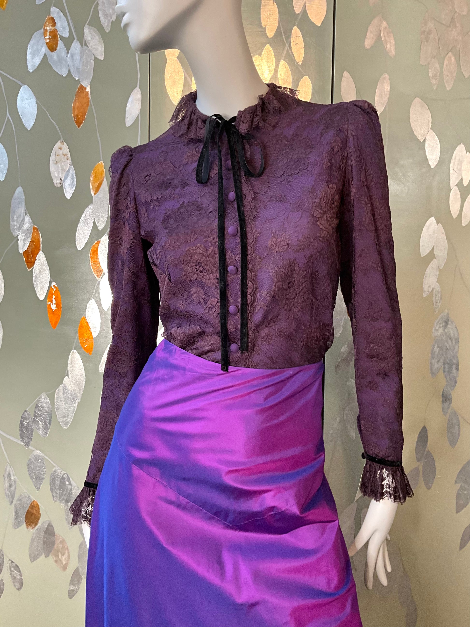 Vintage 1980s Jean Louis Scherrer Purple Lace Ruffle Neck Blouse, S/M