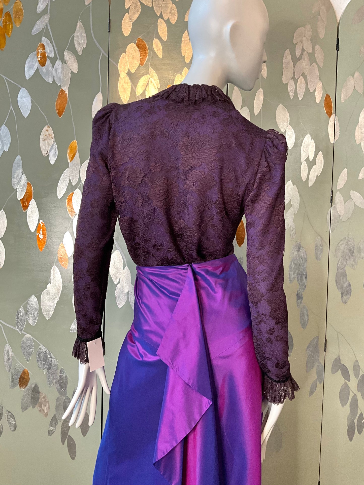 Vintage 1980s Jean Louis Scherrer Purple Lace Ruffle Neck Blouse, S/M