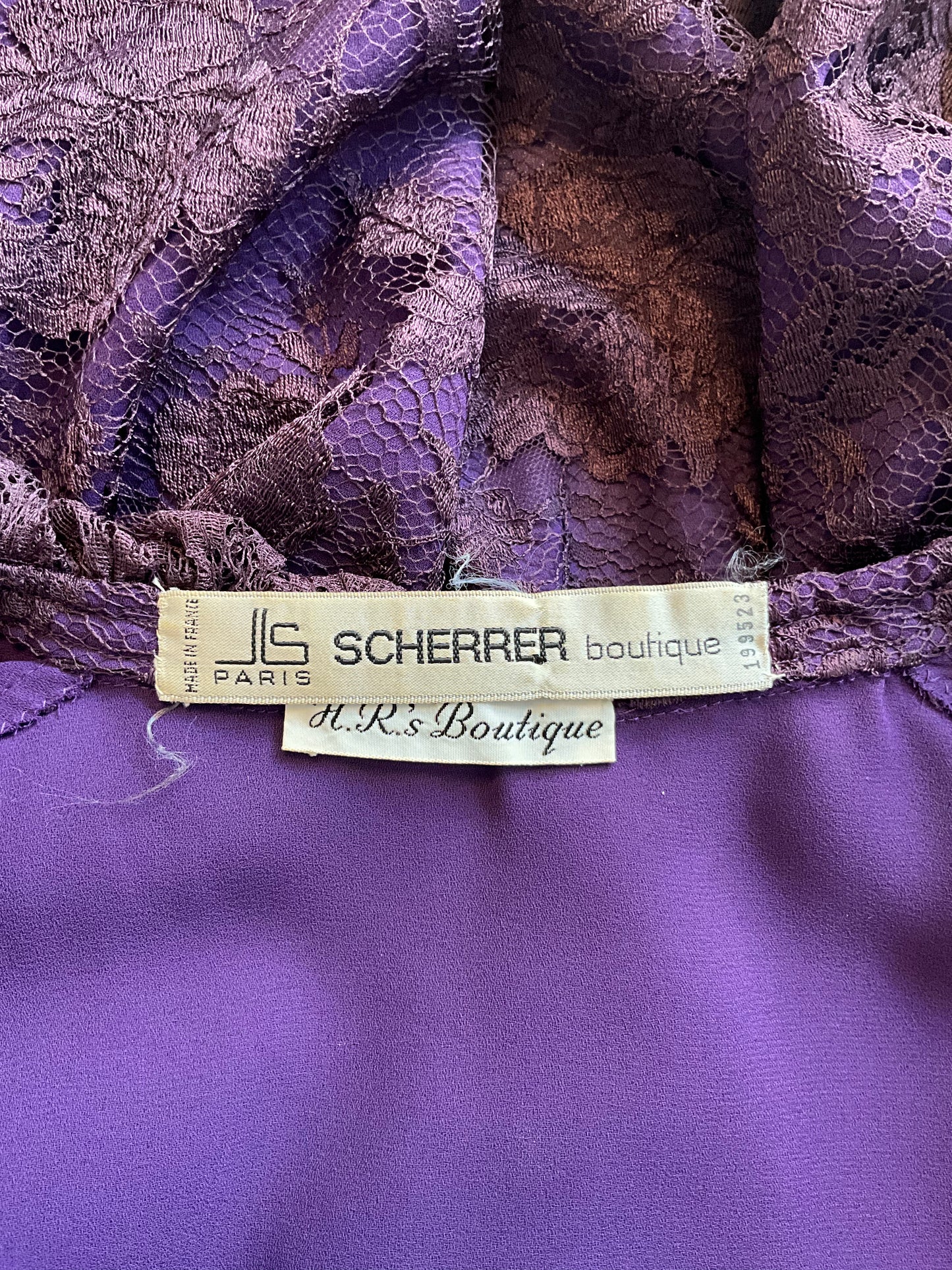 Vintage 1980s Jean Louis Scherrer Purple Lace Ruffle Neck Blouse, S/M
