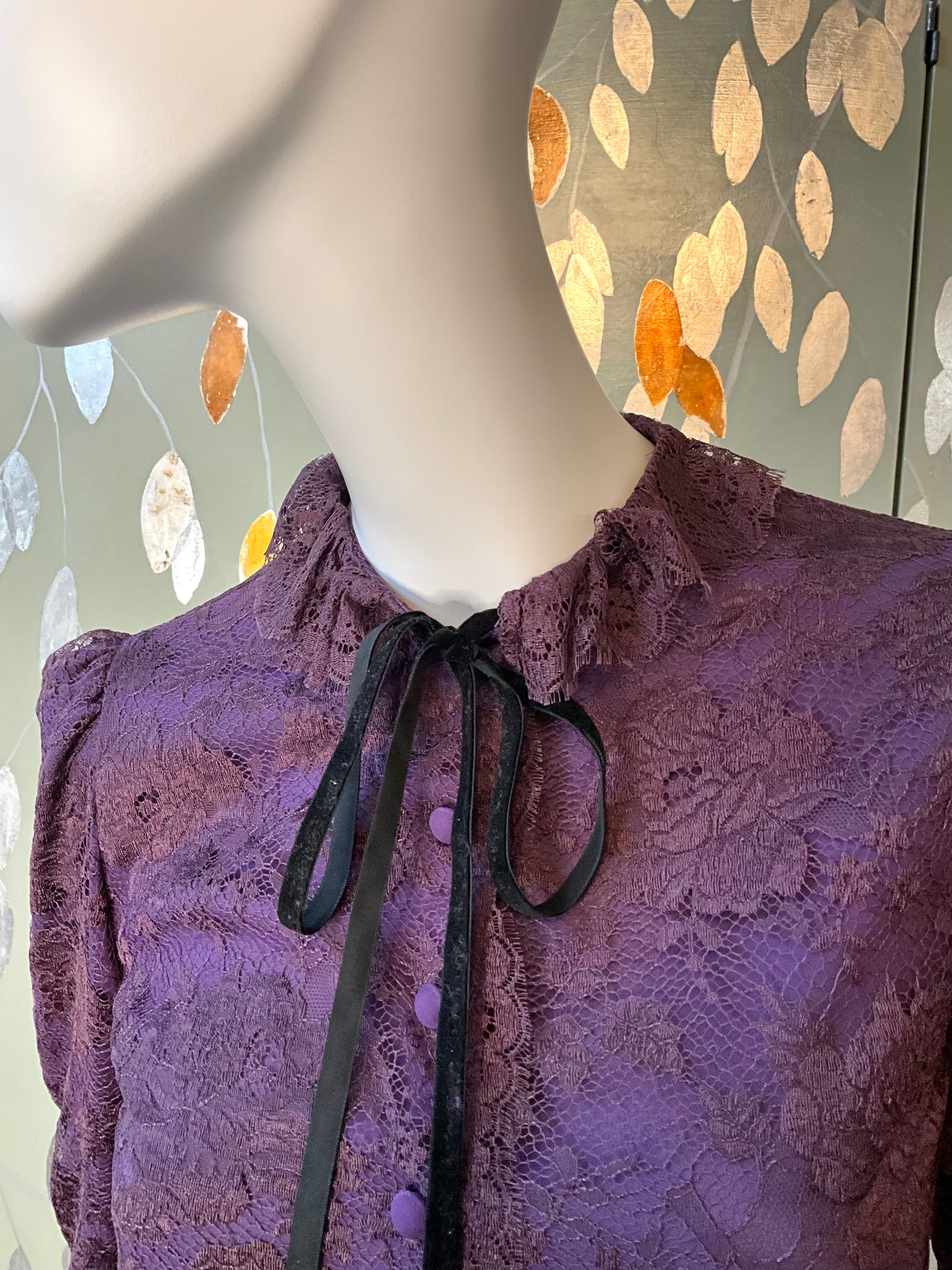 Vintage 1980s Jean Louis Scherrer Purple Lace Ruffle Neck Blouse, S/M