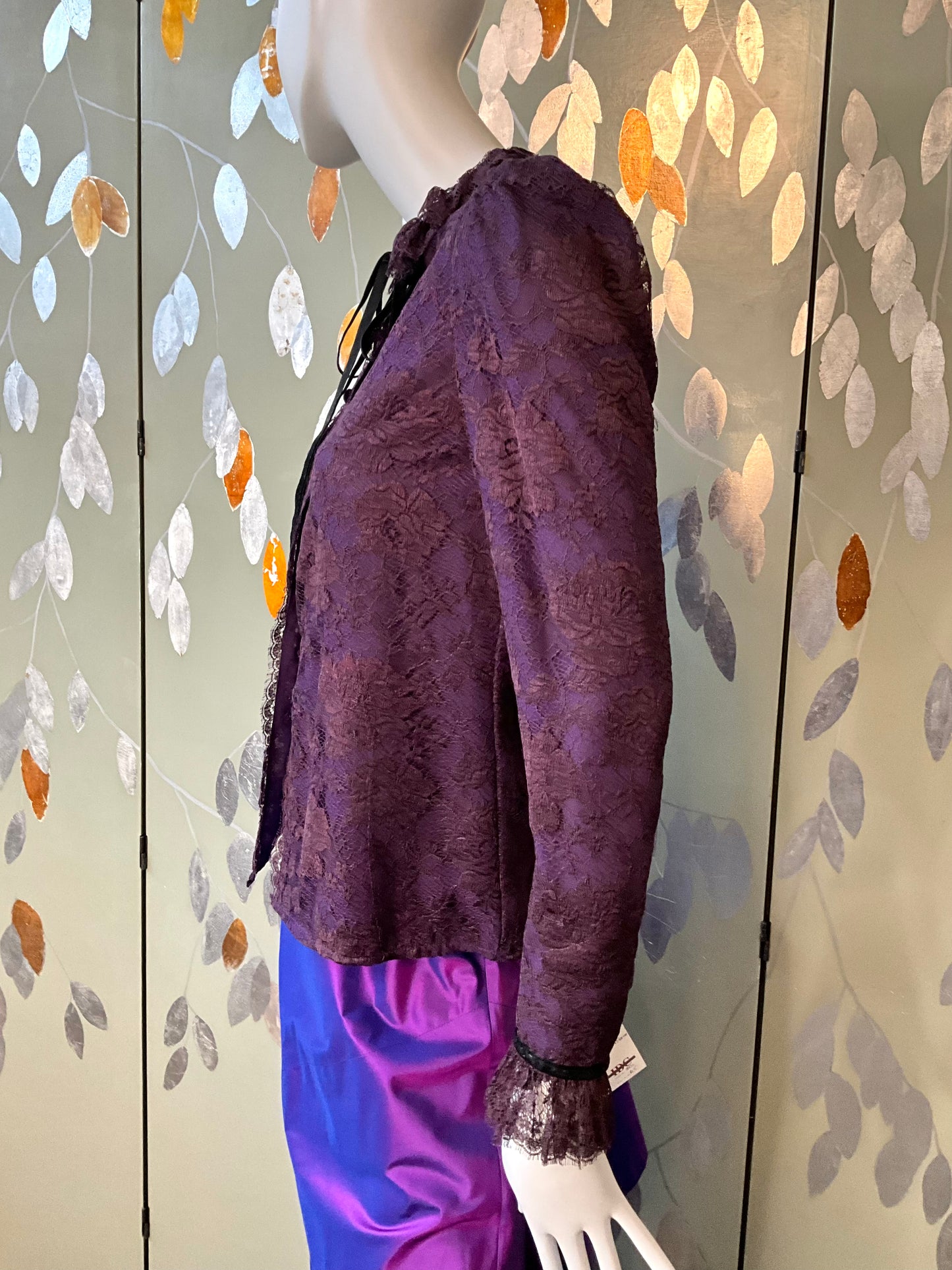 Vintage 1980s Jean Louis Scherrer Purple Lace Ruffle Neck Blouse, S/M