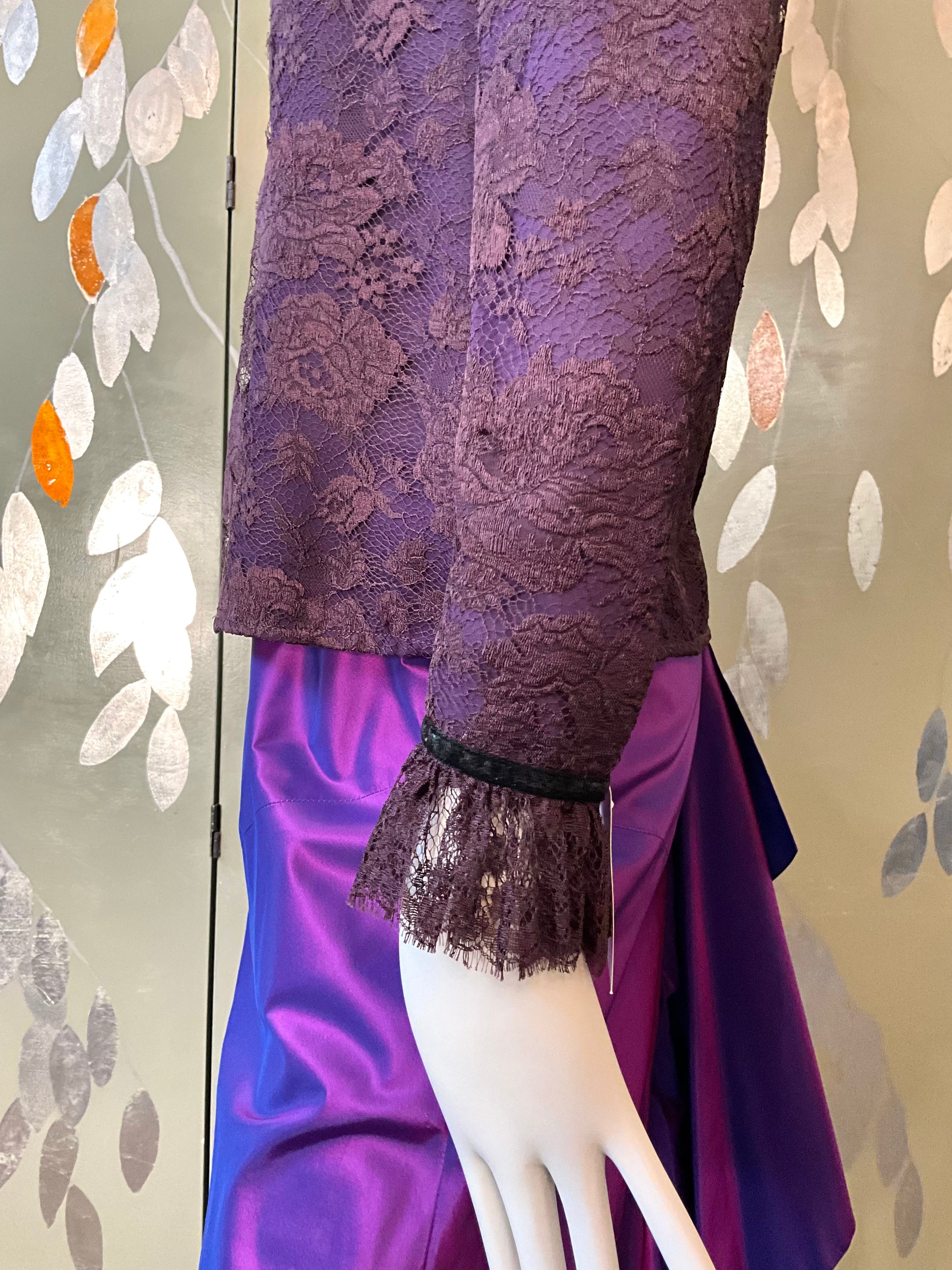 Vintage 1980s Jean Louis Scherrer Purple Lace Ruffle Neck Blouse, S/M