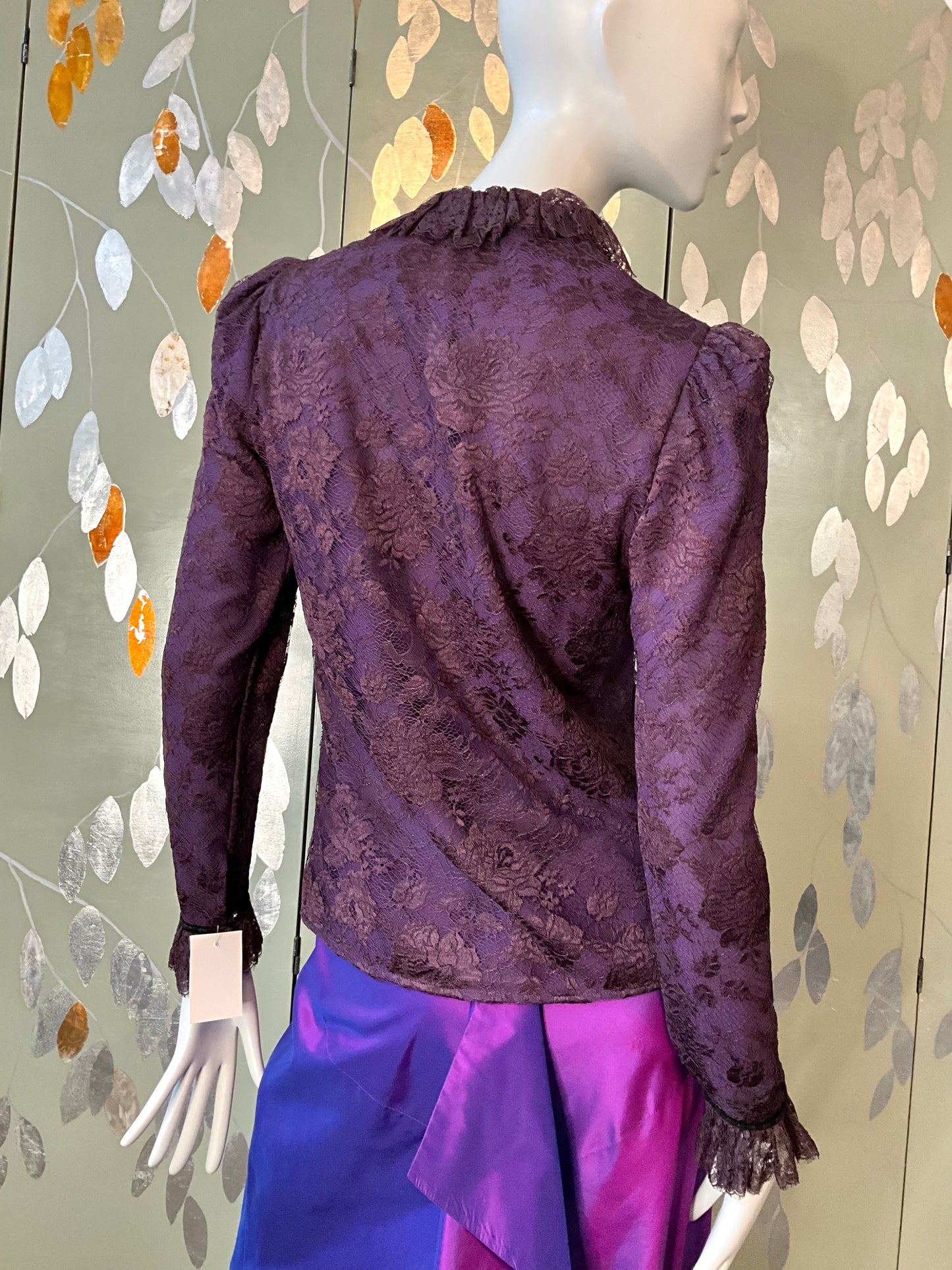 Vintage 1980s Jean Louis Scherrer Purple Lace Ruffle Neck Blouse, S/M