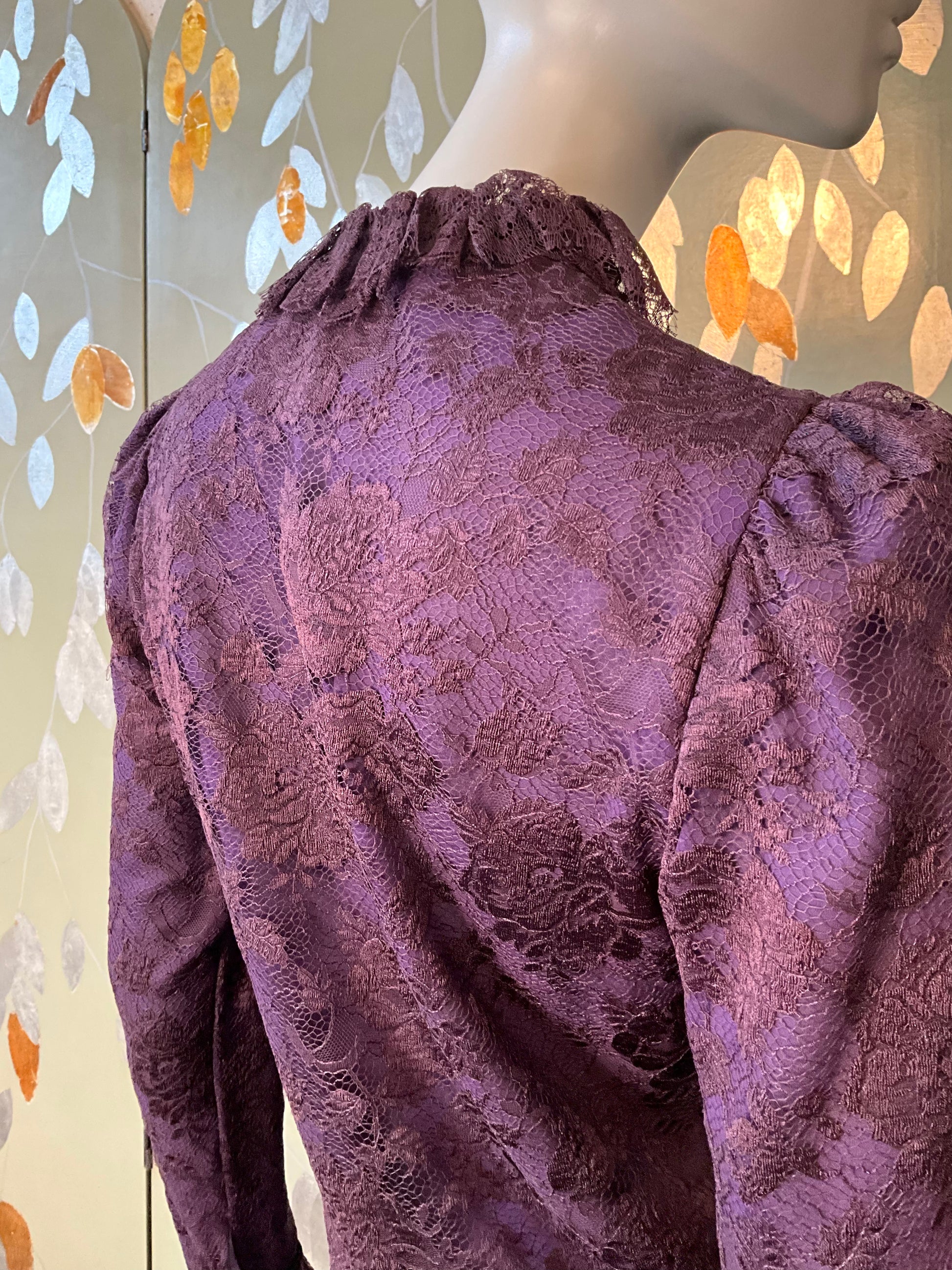 Vintage 1980s Jean Louis Scherrer Purple Lace Ruffle Neck Blouse, S/M