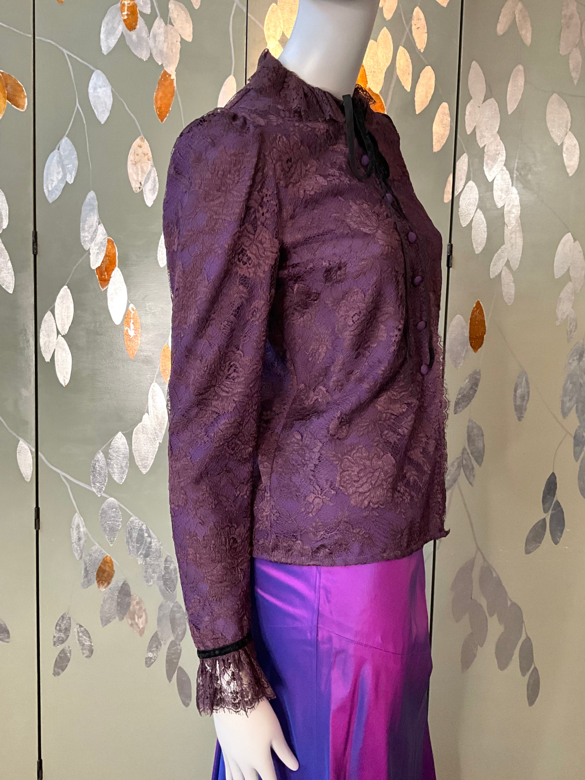 Vintage 1980s Jean Louis Scherrer Purple Lace Ruffle Neck Blouse, S/M