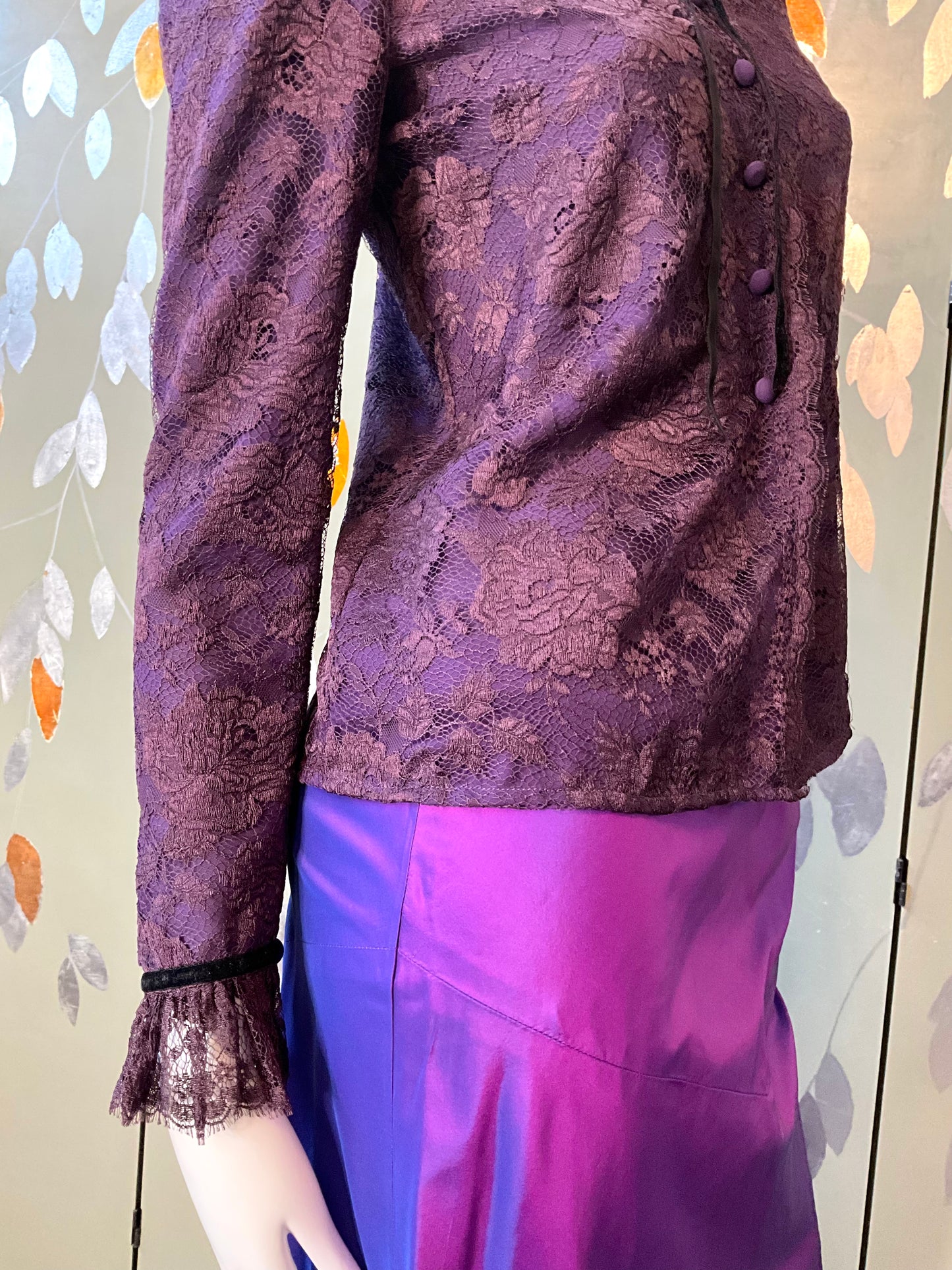 Vintage 1980s Jean Louis Scherrer Purple Lace Ruffle Neck Blouse, S/M