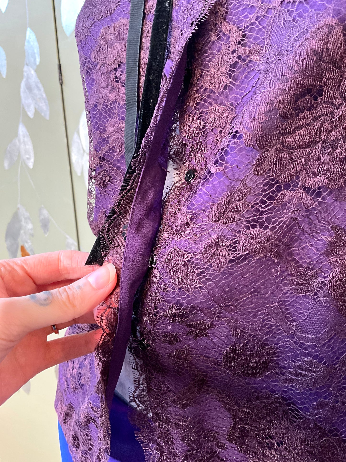 Vintage 1980s Jean Louis Scherrer Purple Lace Ruffle Neck Blouse, S/M